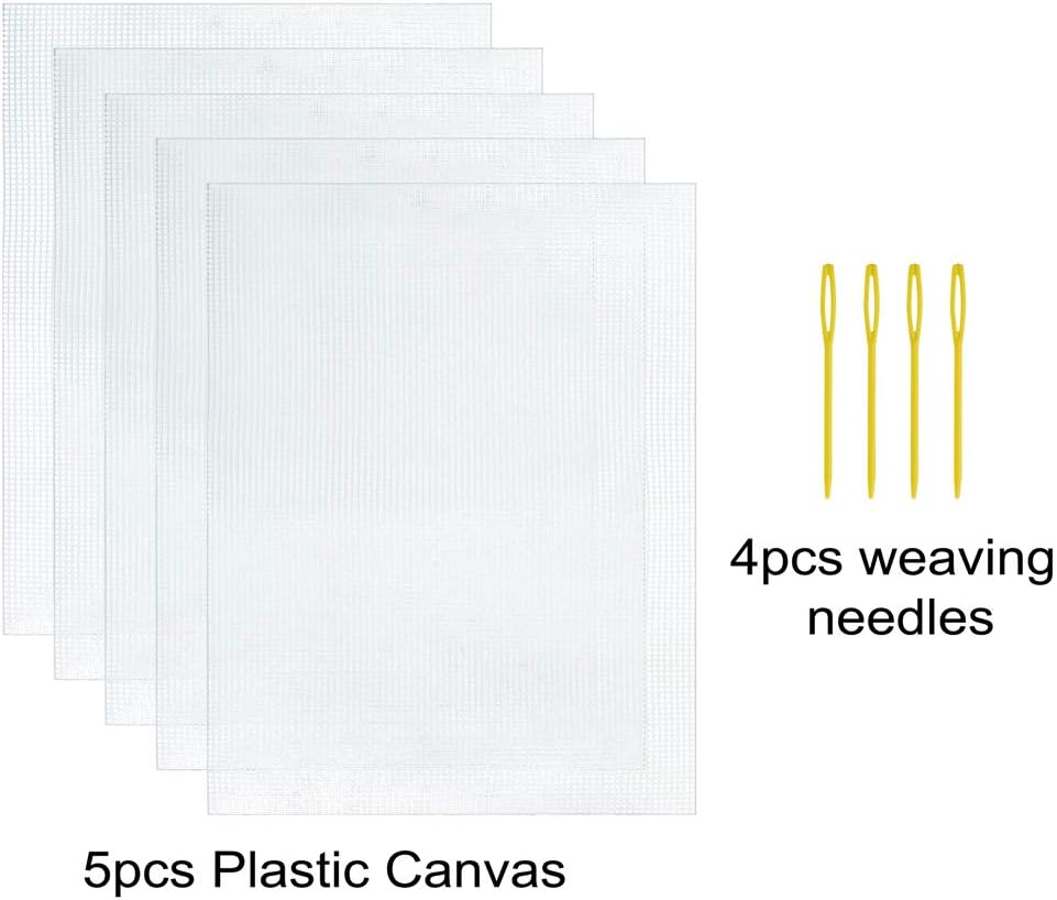 Pllieay 5 Pieces 7 Count Plastic Mesh Canvas Sheets for Embroidery, Acrylic Yarn Crafting, Knit and Crochet Projects (10.2 x 13.2 inch, Come with 4 Pieces Weaving Needles)
