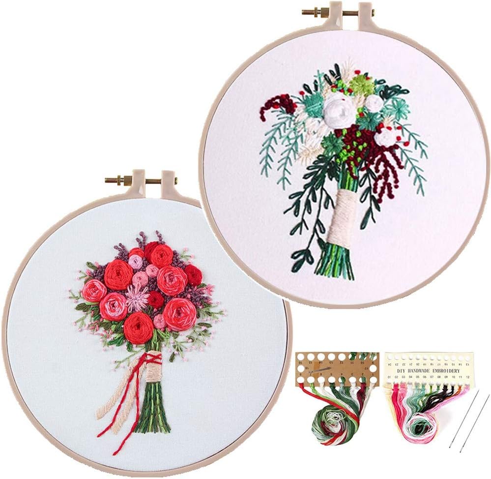 Konrisa Stamped Embroidery Kit with Pattern Floral DIY Sewing Cross Stitch Kits for Adult Flowers Plants Embroidery Starter Kit with Embroidery Floss,Hoops,Color Thread,Needle,Instruction,Set of 2