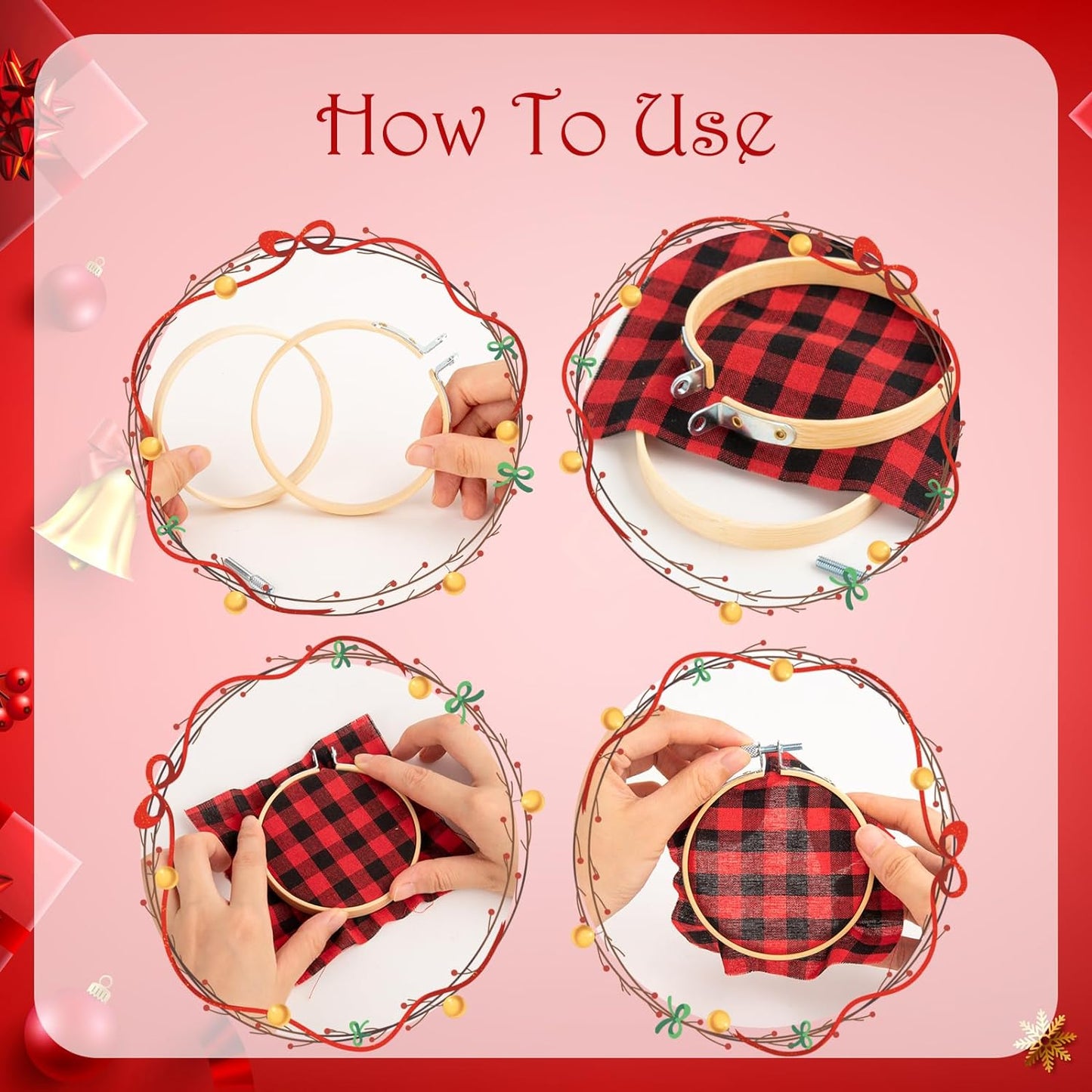 Fasdu 18 Pieces 3 Inch Embroidery Hoops and 18 Pieces Squares Plaid Fabric for Christmas Decorations, 36 Pieces Christmas Ornament Kit