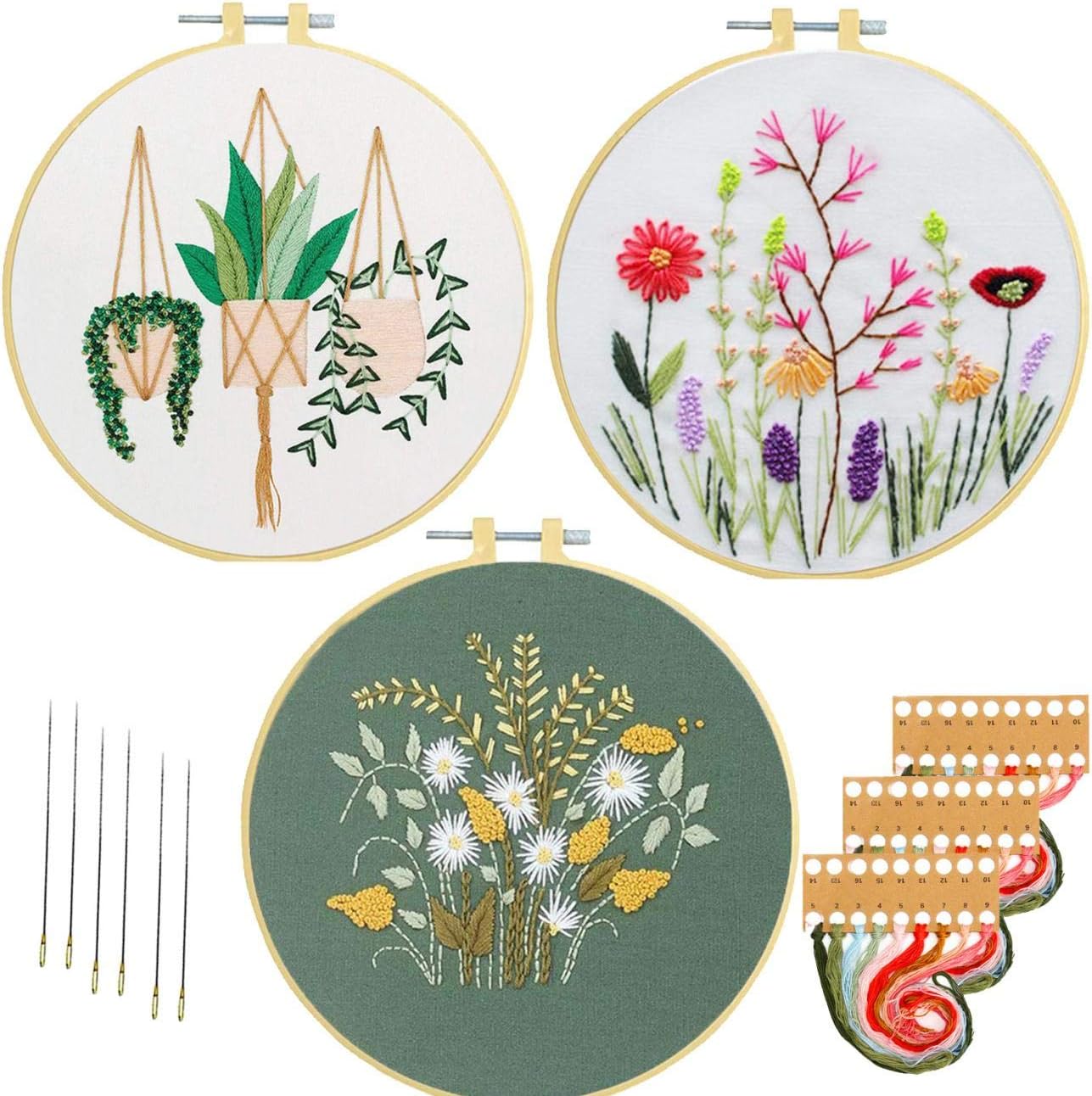 Nuberlic 3 Sets Embroidery Kit Cross Stitch Kits for Adults Include 3 Embroidery Cloth with Floral Pattern, 3 Embroidery Hoops, Threads and Needles