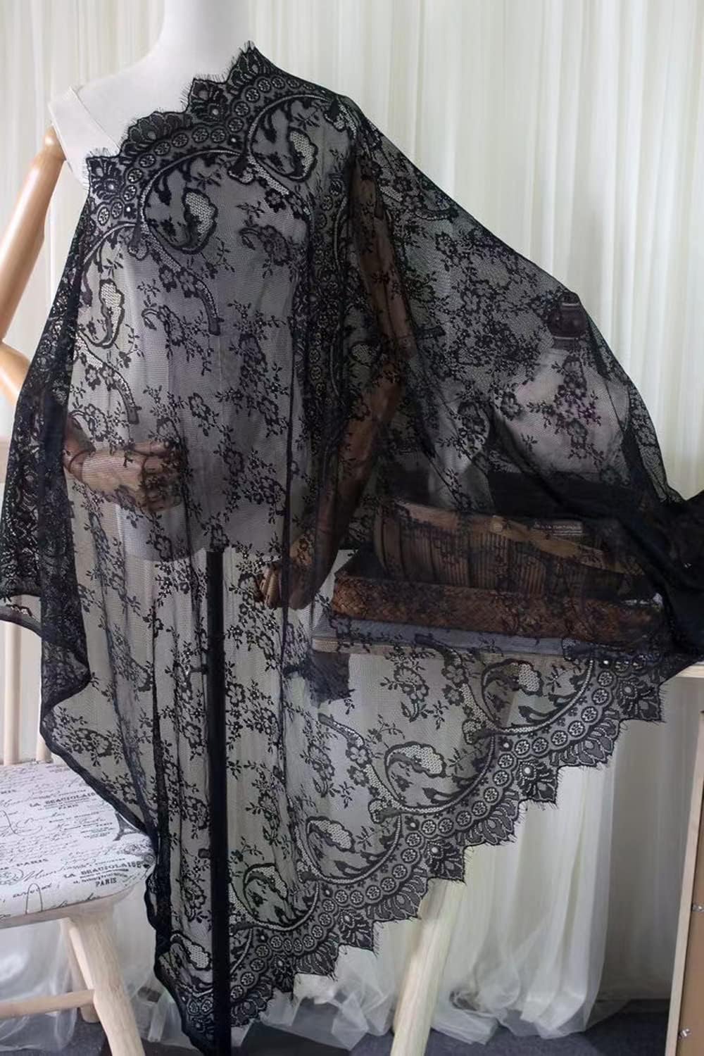 Black Lace Fabric Embroidery by The Yard Black Dress Ribbon Trim Fabric Ribbon Curtain Accessory Sewing Craft 150 X 150 cm
