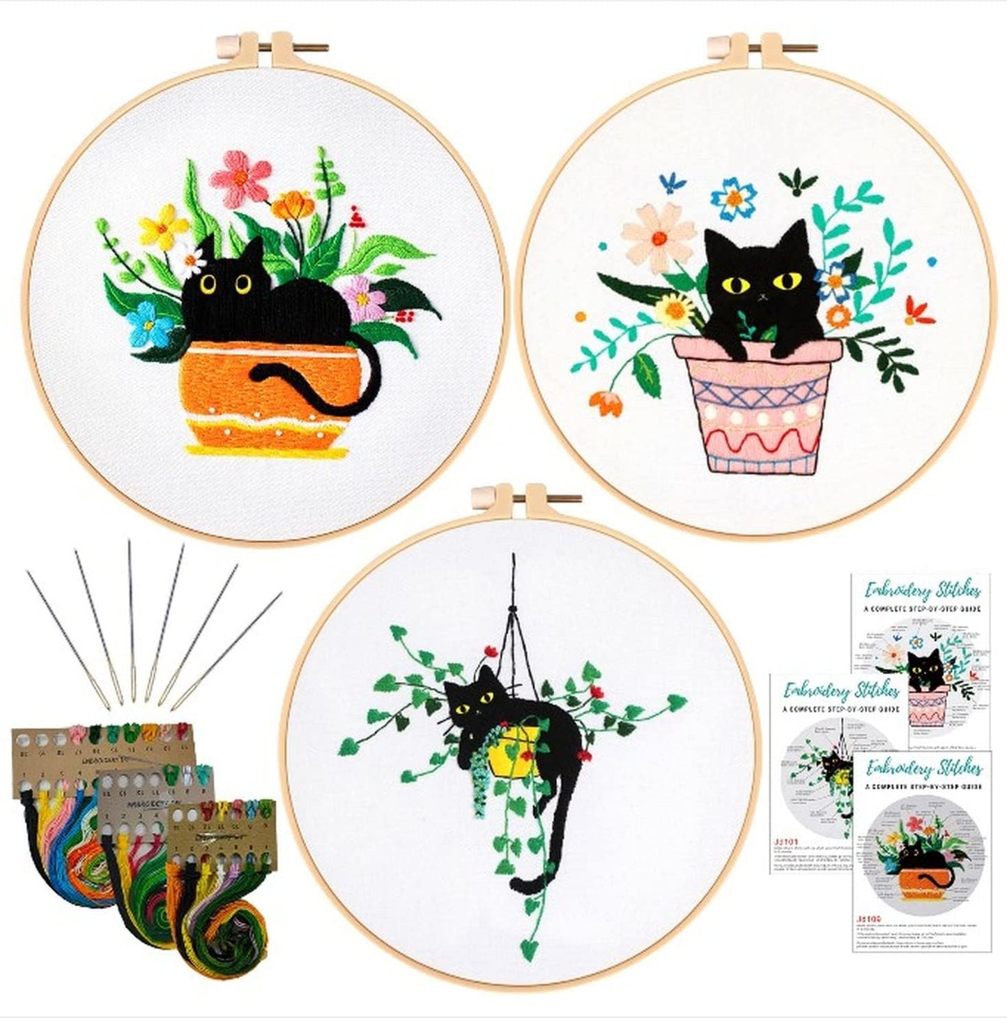 Nuberlic 3 Sets Embroidery Kit Cross Stitch Kits for Adults Include 3 Embroidery Cloth with Floral Pattern, 3 Embroidery Hoops, Threads and Needles