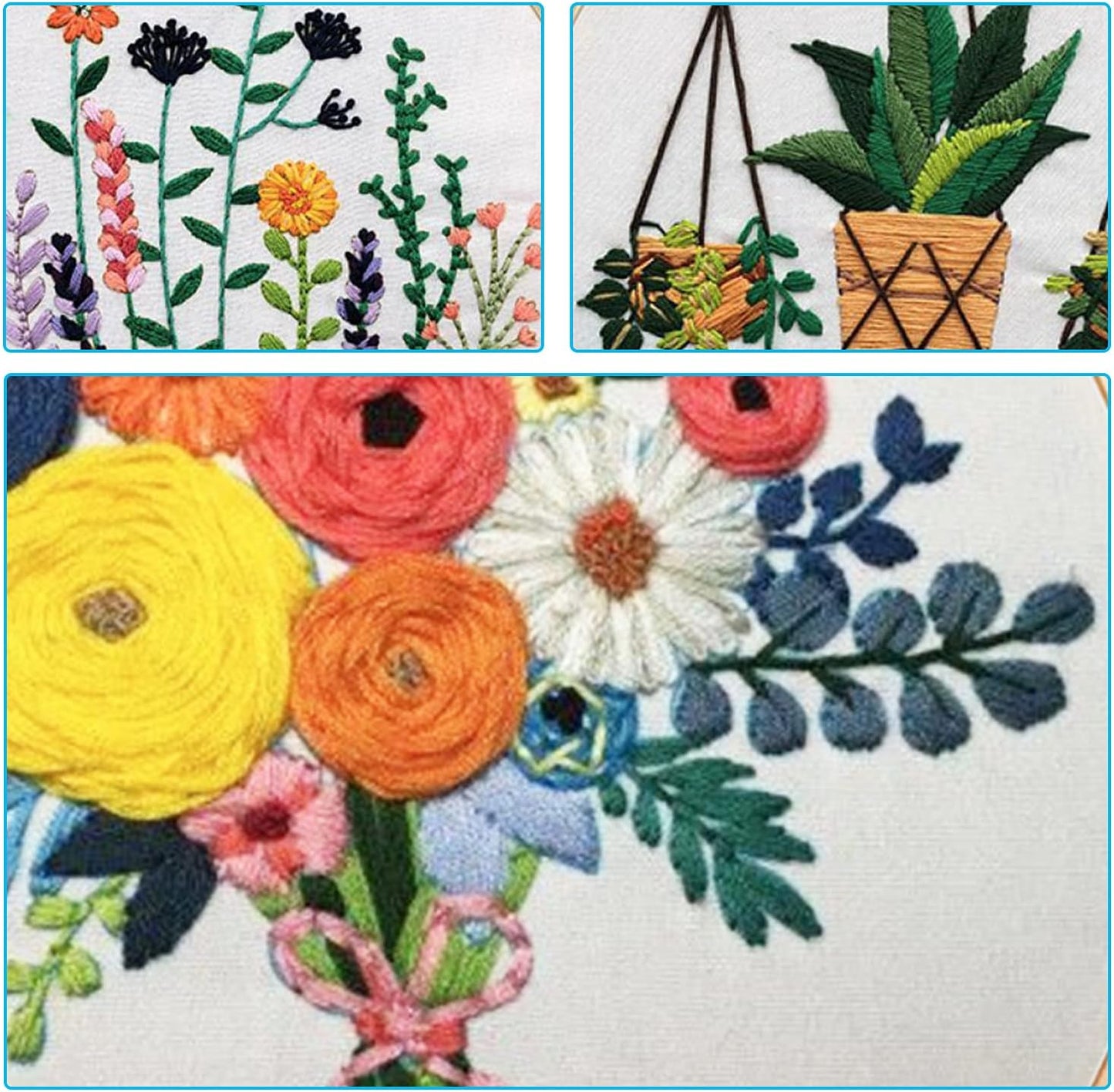Nuberlic 3 Sets Embroidery Kit Cross Stitch Kits for Adults Include 3 Embroidery Cloth with Floral Pattern, 3 Embroidery Hoops, Threads and Needles