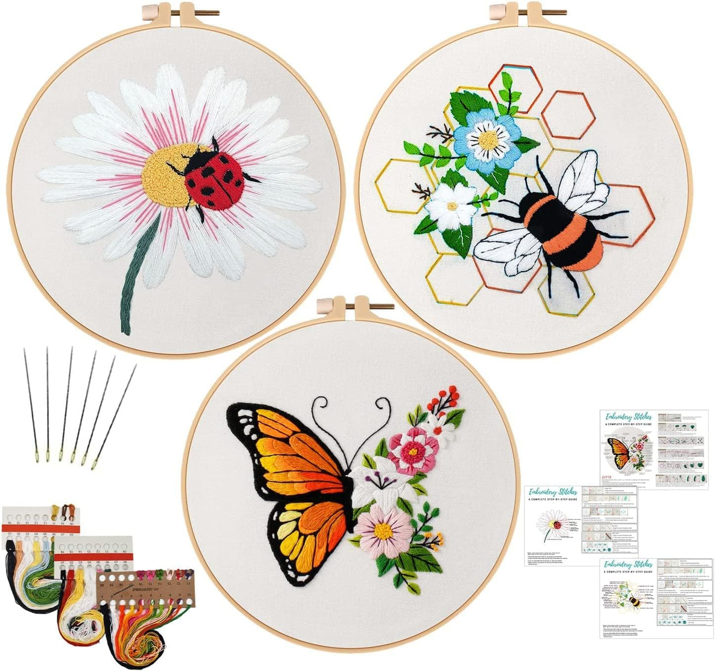 Nuberlic 3 Sets Embroidery Kit Cross Stitch Kits for Adults Include 3 Embroidery Cloth with Floral Pattern, 3 Embroidery Hoops, Threads and Needles