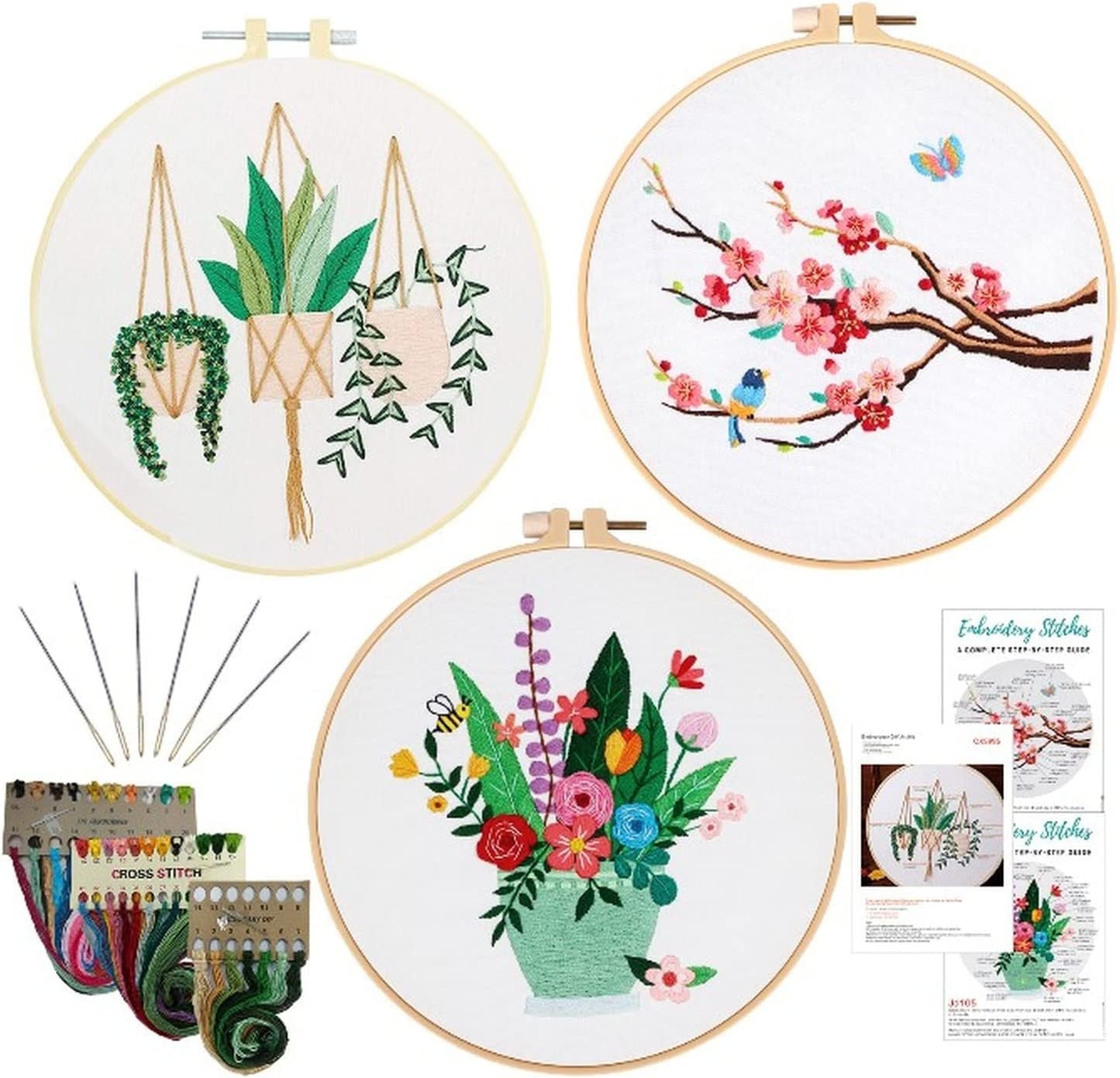 Nuberlic 3 Sets Embroidery Kit Cross Stitch Kits for Adults Include 3 Embroidery Cloth with Floral Pattern, 3 Embroidery Hoops, Threads and Needles