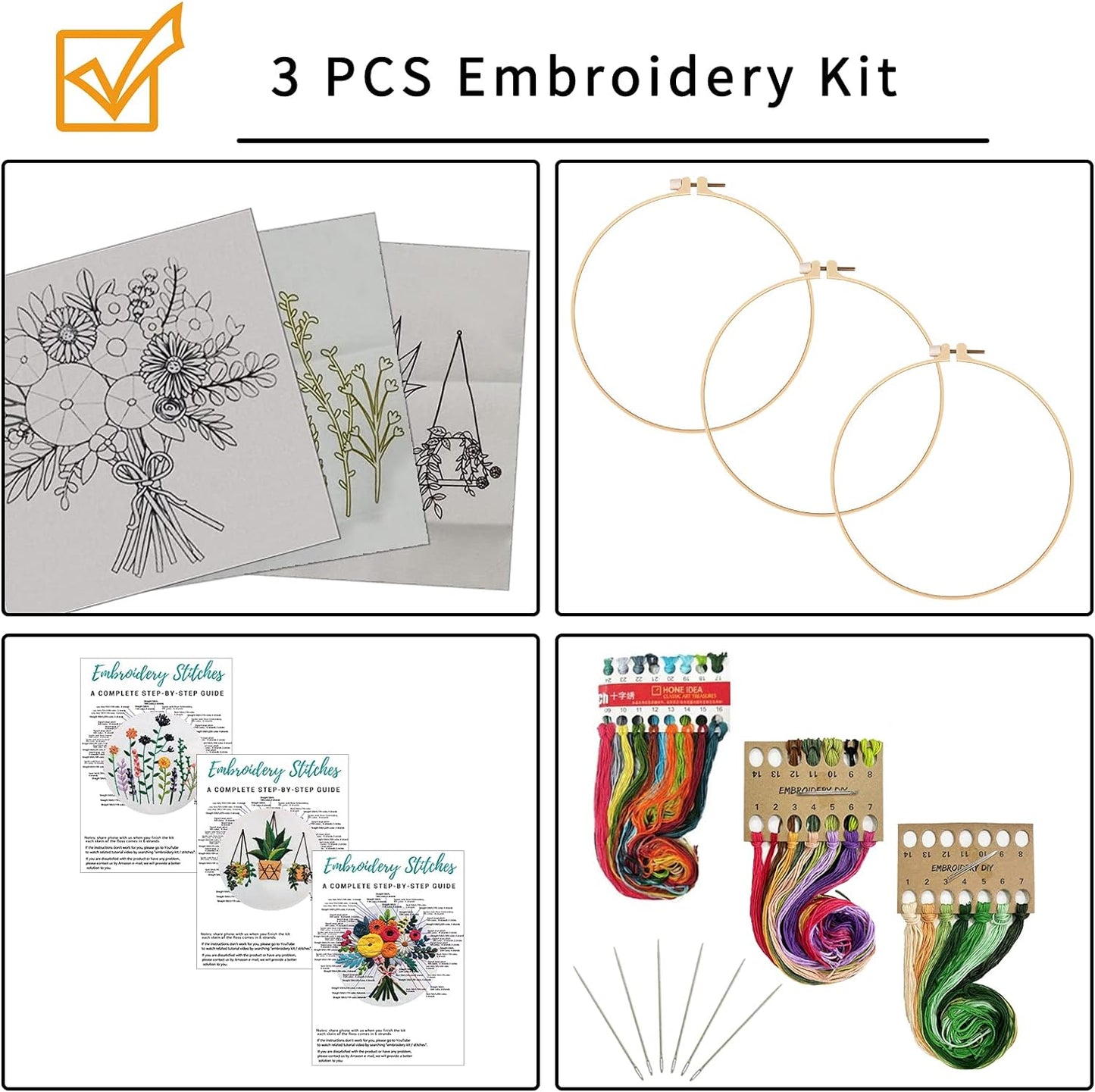 Nuberlic 3 Sets Embroidery Kit Cross Stitch Kits for Adults Include 3 Embroidery Cloth with Floral Pattern, 3 Embroidery Hoops, Threads and Needles