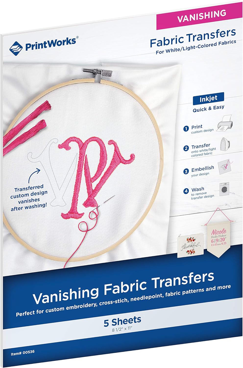 Print Works Vanishing Embroidery Transfers, for White/Light-Colored Fabrics, 5 Sheets, Inkjet, 8.5 x 11 (00536)