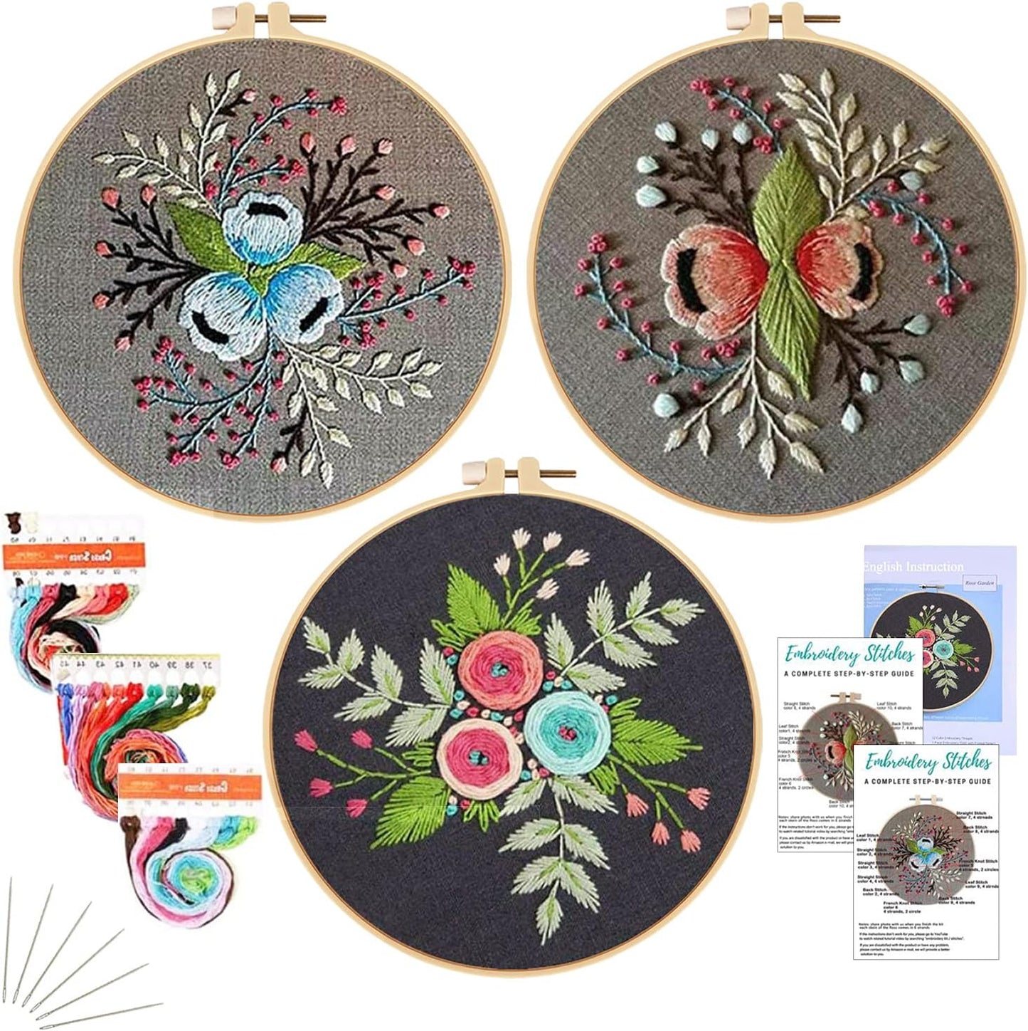 Nuberlic 3 Sets Embroidery Kit Cross Stitch Kits for Adults Include 3 Embroidery Cloth with Floral Pattern, 3 Embroidery Hoops, Threads and Needles