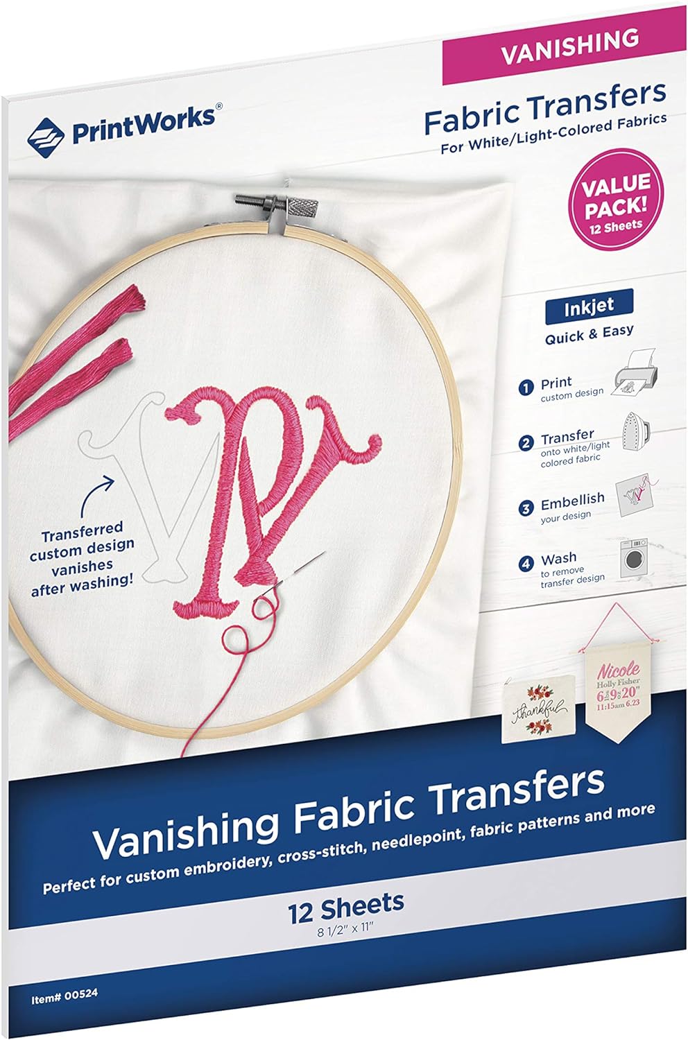 Print Works Vanishing Embroidery Transfers, for White/Light-Colored Fabrics, 5 Sheets, Inkjet, 8.5 x 11 (00536)