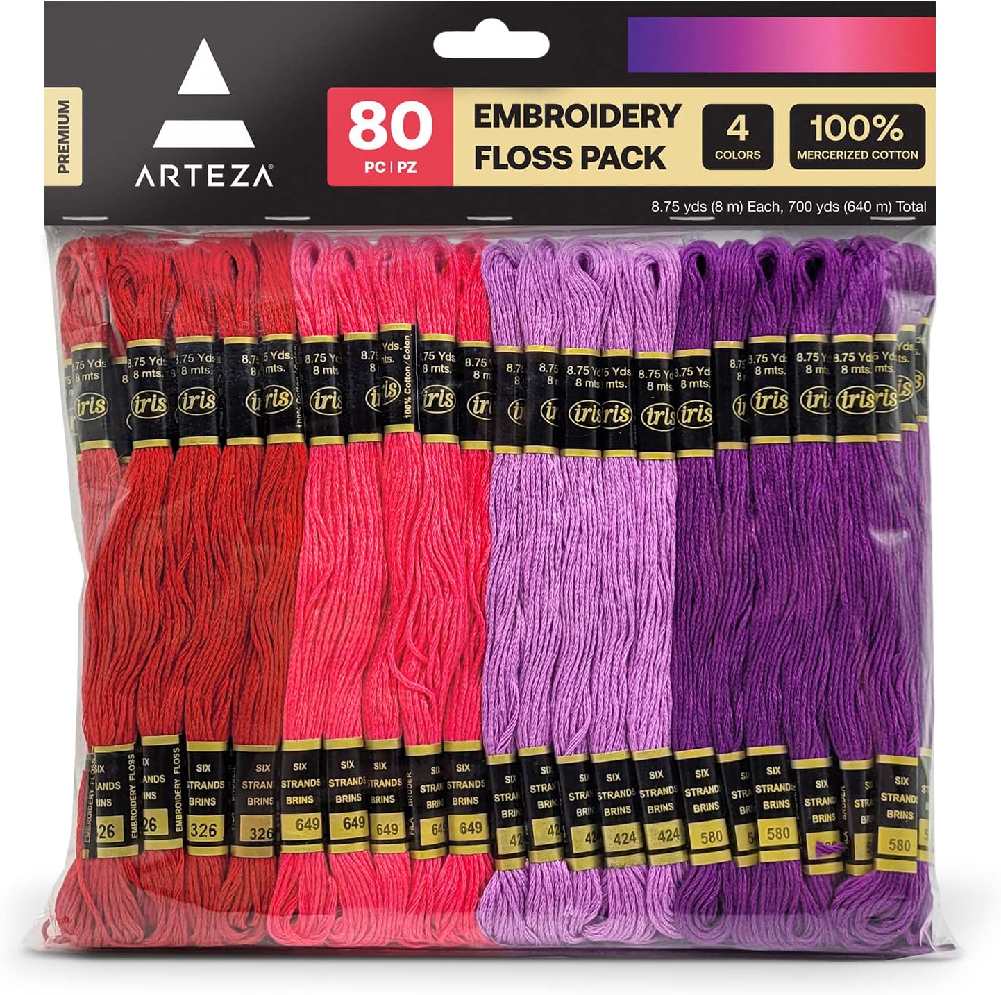 Arteza Embroidery Thread Pack 鈥?80 Skeins of Embroidery Floss, 20 Each of Red, Pink, Purple & Violet 鈥?100% Mercerized Cotton Friendship Bracelet String 鈥?Cross Stitch Supplies, 700 Yards per Pack
