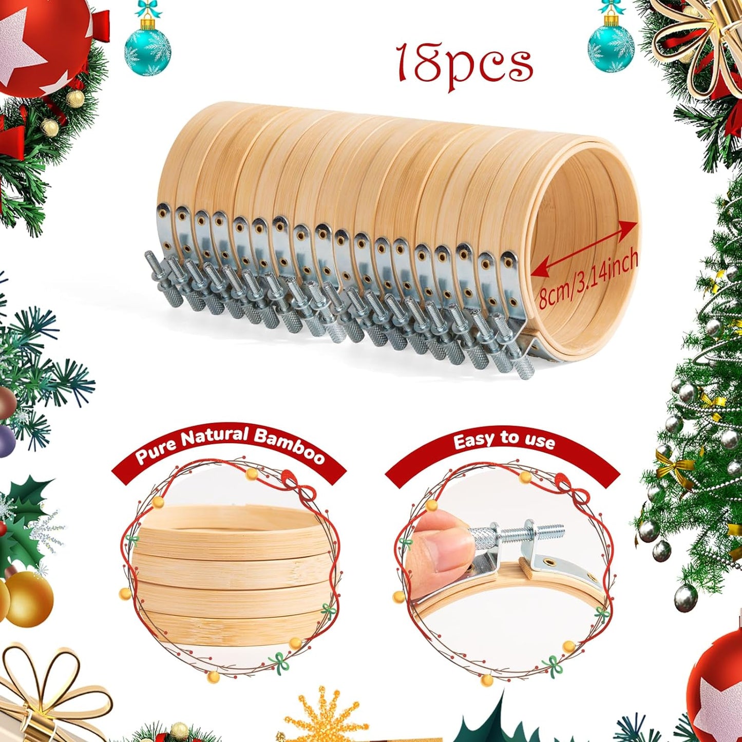 Fasdu 18 Pieces 3 Inch Embroidery Hoops and 18 Pieces Squares Plaid Fabric for Christmas Decorations, 36 Pieces Christmas Ornament Kit