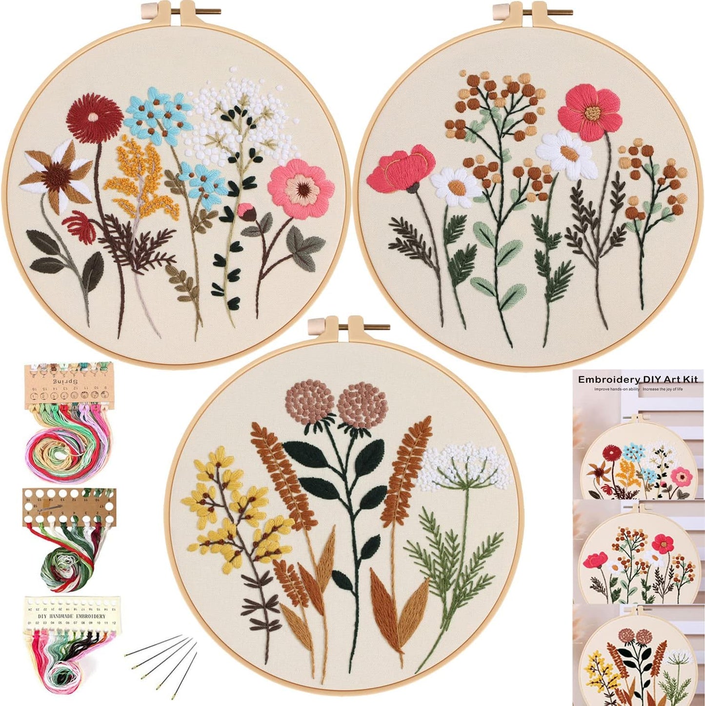 Konrisa Stamped Embroidery Kit with Pattern Floral DIY Sewing Cross Stitch Kits for Adult Flowers Plants Embroidery Starter Kit with Embroidery Floss,Hoops,Color Thread,Needle,Instruction,Set of 2