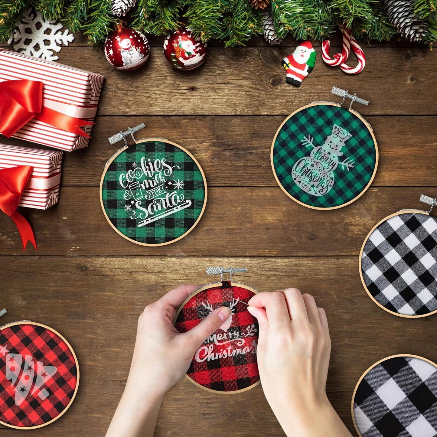 Fasdu 18 Pieces 3 Inch Embroidery Hoops and 18 Pieces Squares Plaid Fabric for Christmas Decorations, 36 Pieces Christmas Ornament Kit