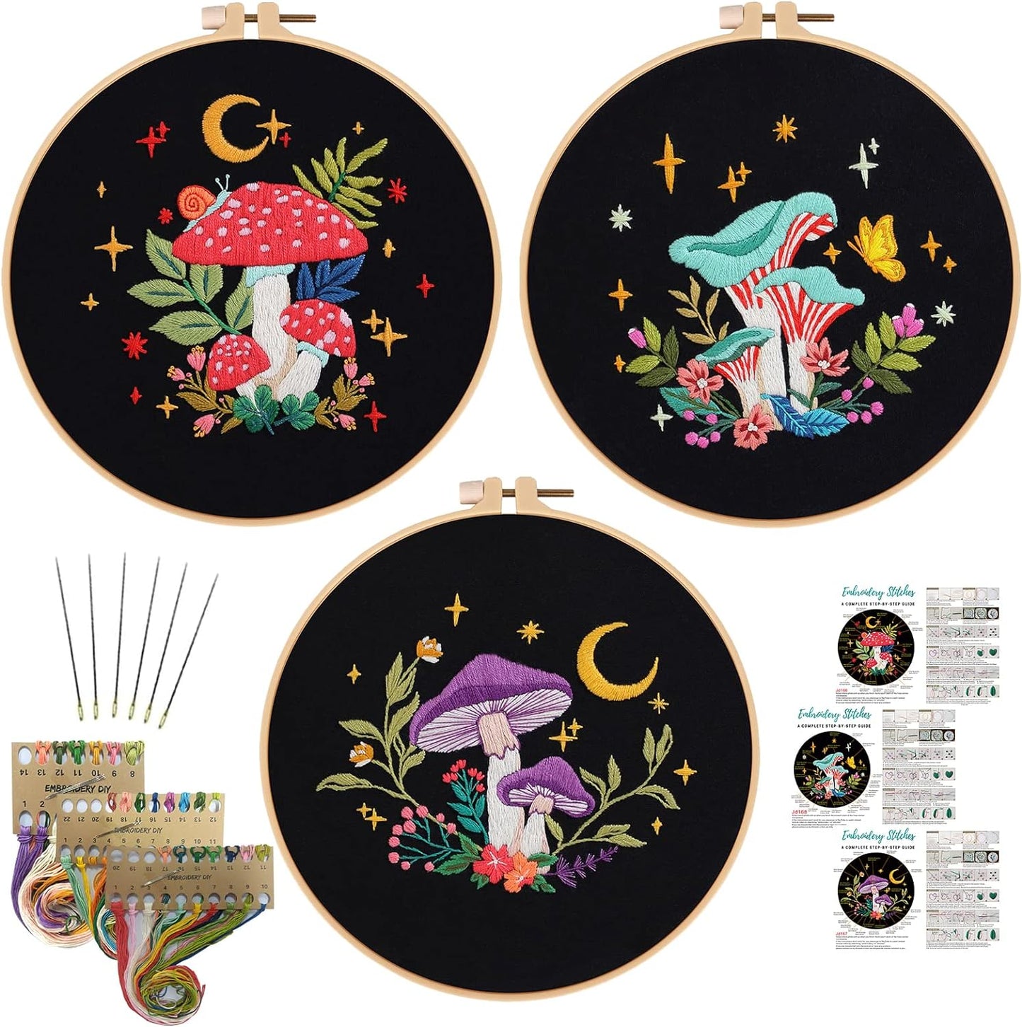Nuberlic 3 Sets Embroidery Kit Cross Stitch Kits for Adults Include 3 Embroidery Cloth with Floral Pattern, 3 Embroidery Hoops, Threads and Needles