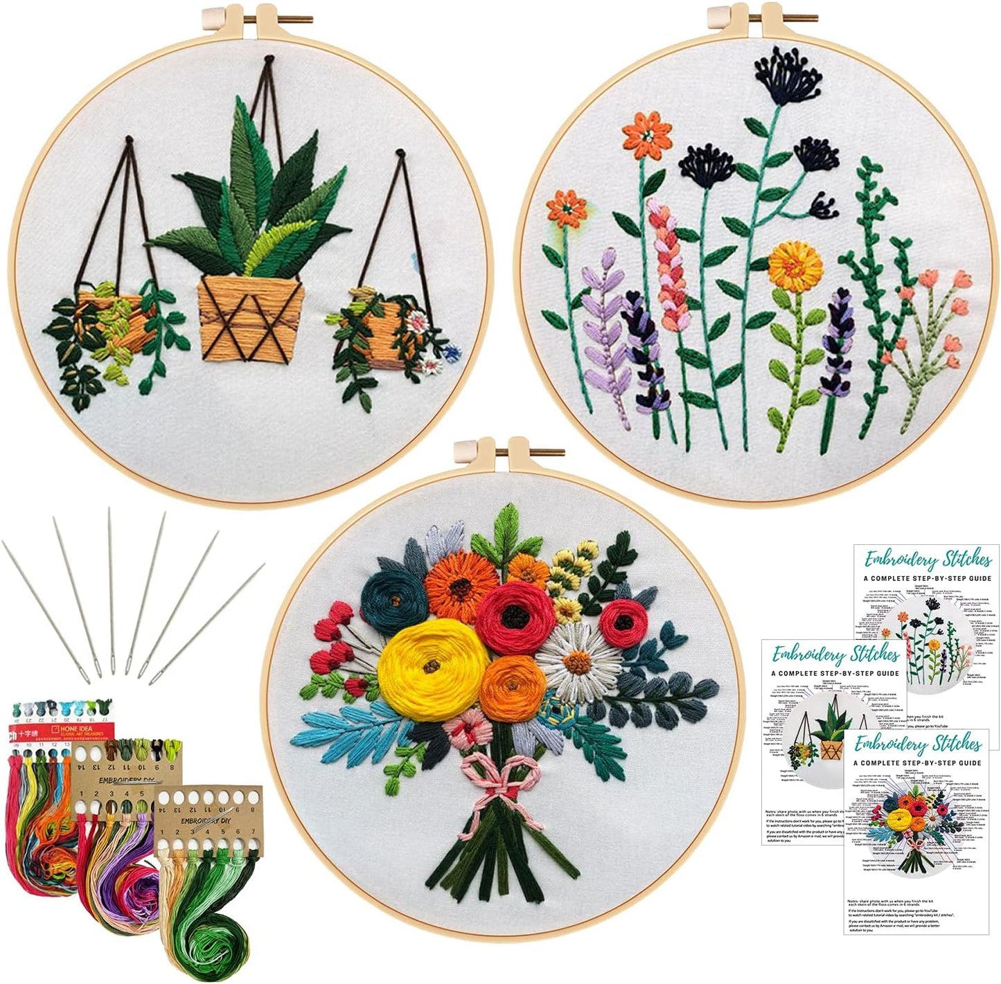 Nuberlic 3 Sets Embroidery Kit Cross Stitch Kits for Adults Include 3 Embroidery Cloth with Floral Pattern, 3 Embroidery Hoops, Threads and Needles