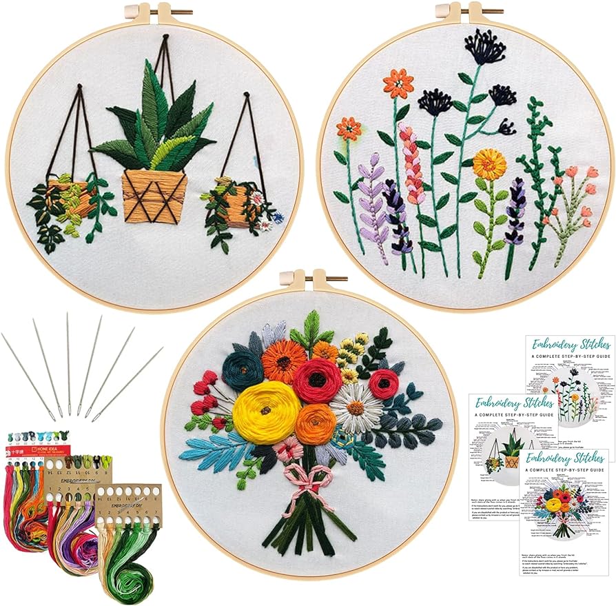 Nuberlic 3 Sets Embroidery Kit Cross Stitch Kits for Adults Include 3 Embroidery Cloth with Floral Pattern, 3 Embroidery Hoops, Threads and Needles