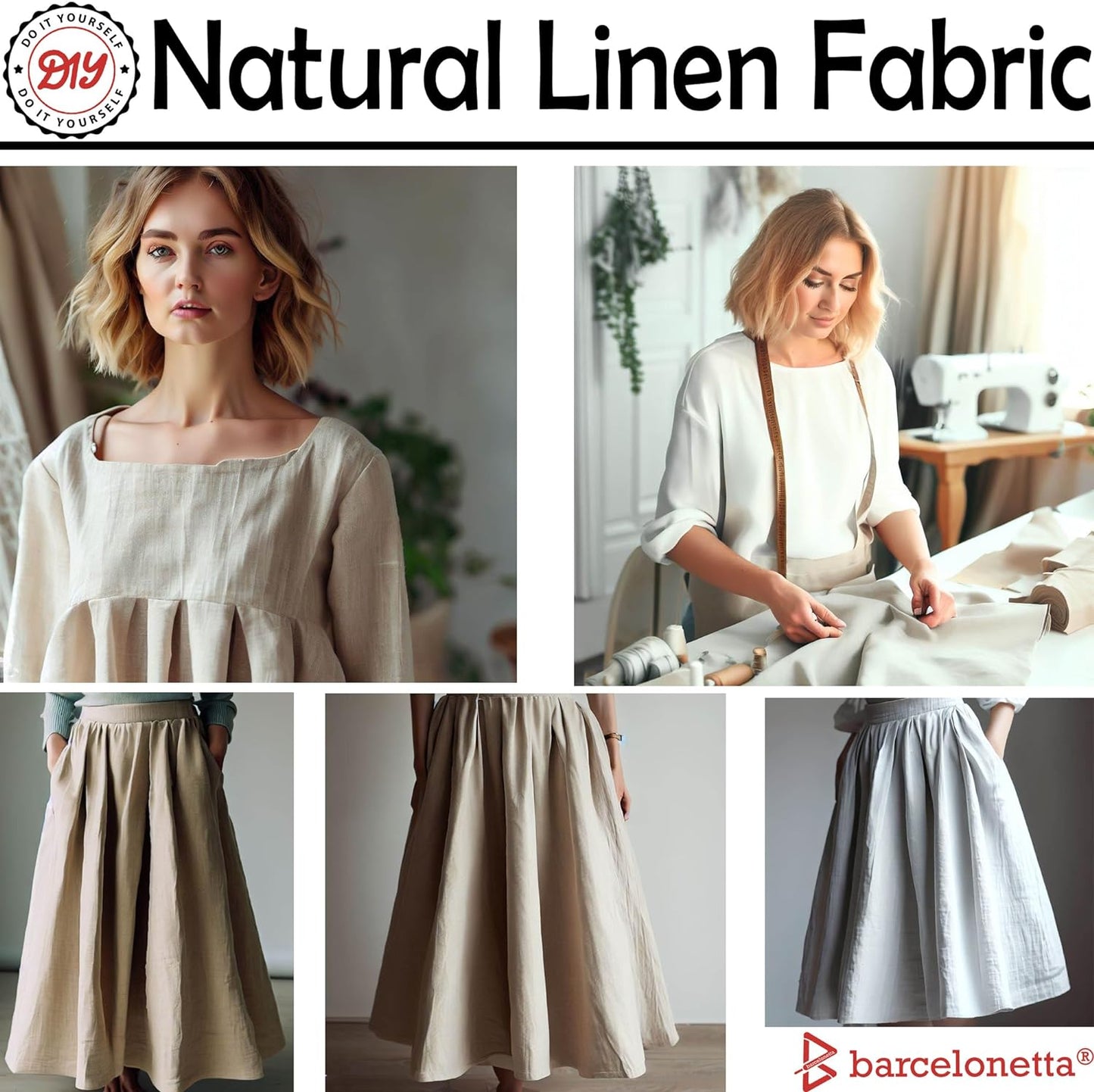 Barcelonetta | Linen Fabric | Natural, Organic, Breathable | 100% Vegan | 55" Wide | Shirt, Sewing, Embroidery Fabric | Cloth, Solid (Natural, 2 Yard)