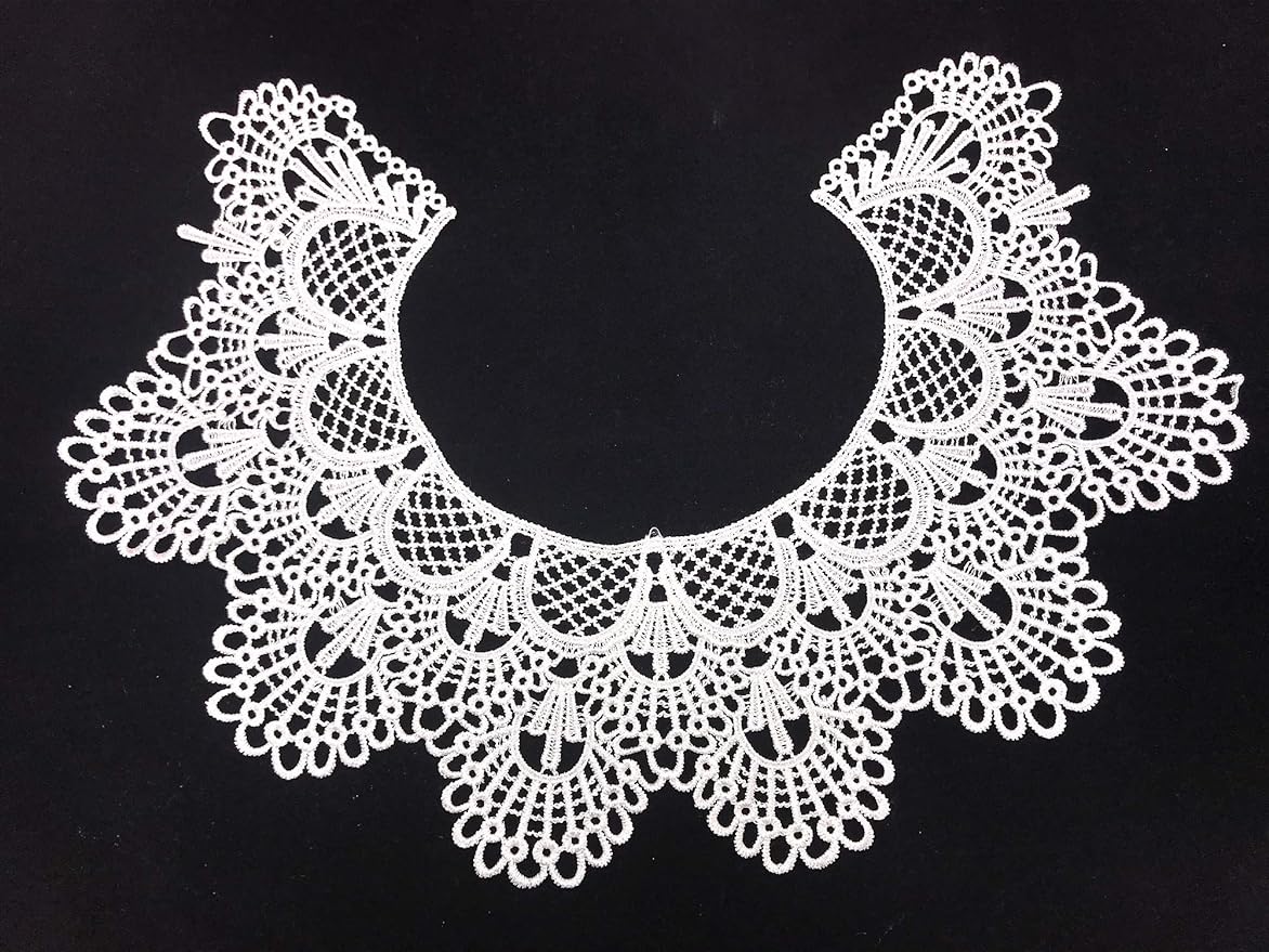 1pc Embroidery Round Ripple Neck African Lace Fabric Collar,DIY Handmade Lace Fabrics for Sewing Crafts (White)