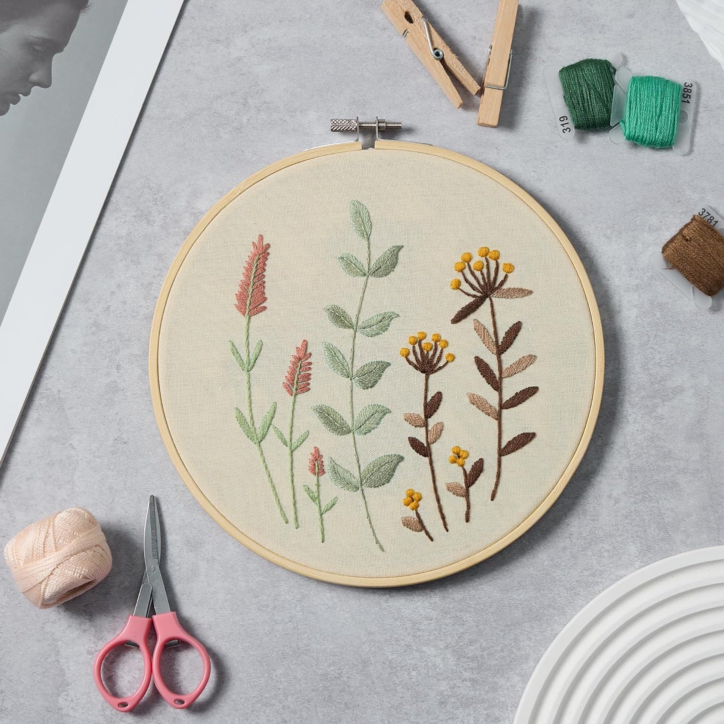 Bonroy 4 Sets Embroidery Kit for Beginners,Embroidery Kit for Art Craft Handy Sewing Include Embroidery Clothes with Pattern,Embroidery Hoops, Instructions,Color Threads Needle Kit (Multi 5)