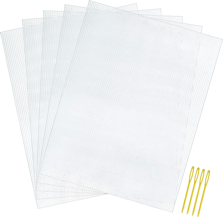 Pllieay 5 Pieces 7 Count Plastic Mesh Canvas Sheets for Embroidery, Acrylic Yarn Crafting, Knit and Crochet Projects (10.2 x 13.2 inch, Come with 4 Pieces Weaving Needles)