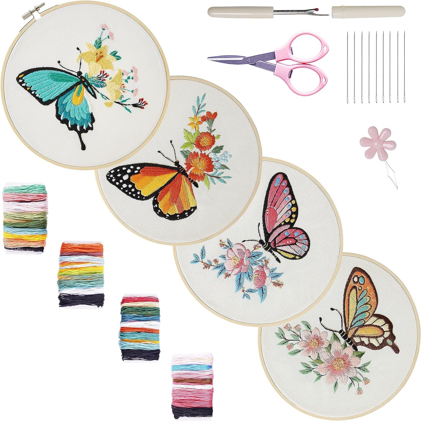 Bonroy 4 Sets Embroidery Kit for Beginners,Embroidery Kit for Art Craft Handy Sewing Include Embroidery Clothes with Pattern,Embroidery Hoops, Instructions,Color Threads Needle Kit (Multi 5)