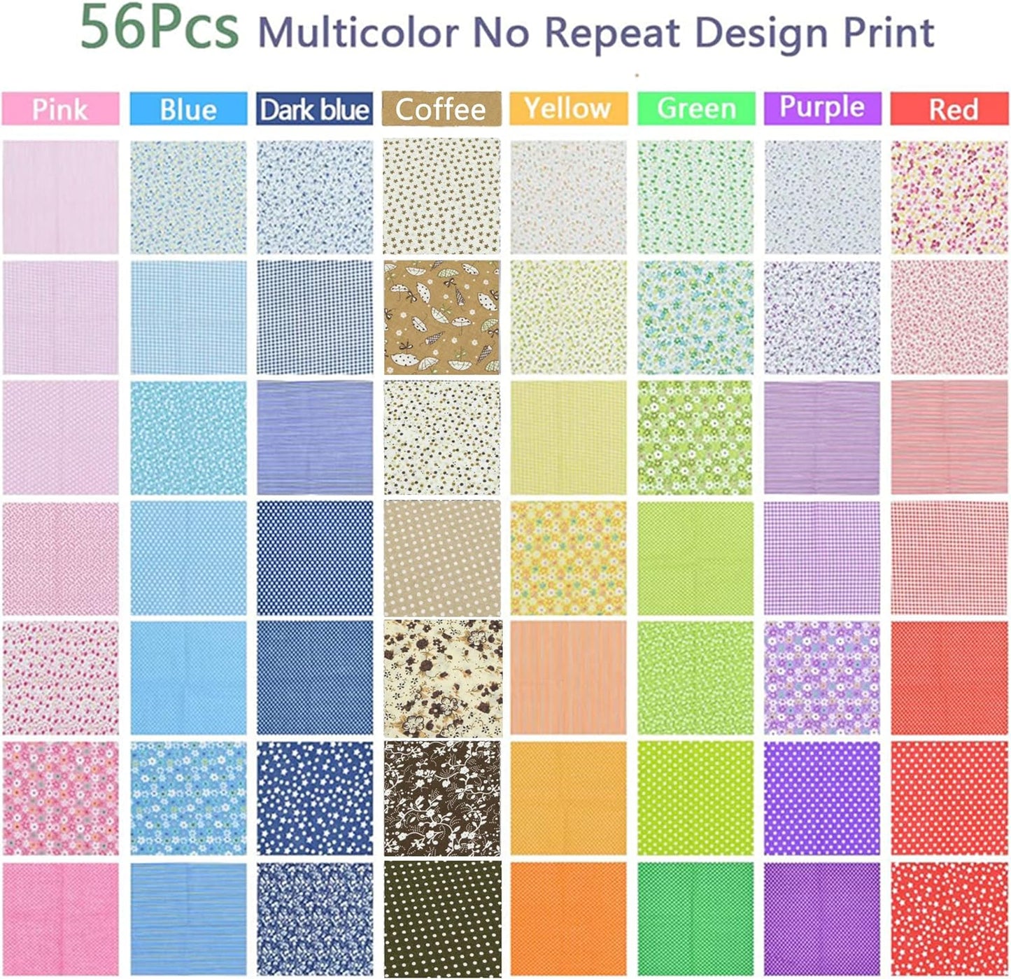56pcs 9.8" x 9.8" (25cm x 25cm) No Repeat Design Printed Floral Cotton Fabric for Patchwork, Precut Fabric Square for DIY Sewing,Quilting Squares Bundles