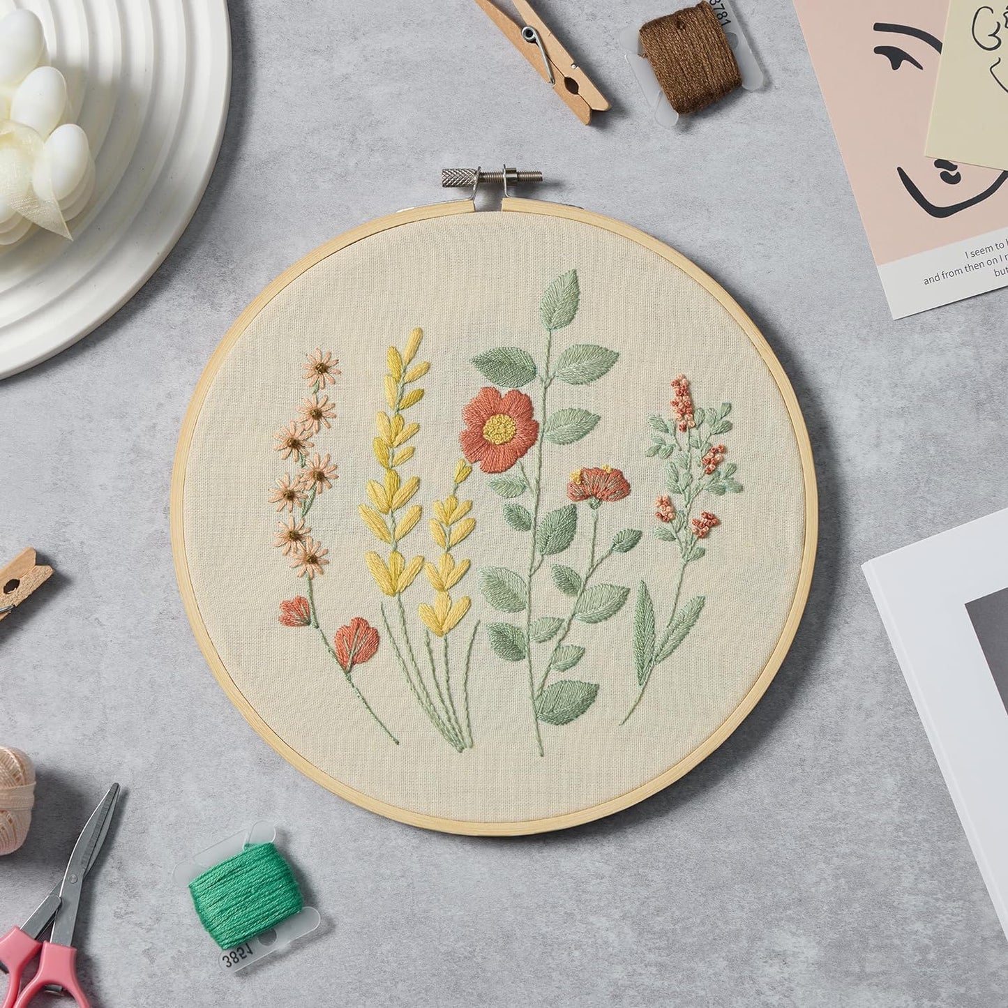 Bonroy 4 Sets Embroidery Kit for Beginners,Embroidery Kit for Art Craft Handy Sewing Include Embroidery Clothes with Pattern,Embroidery Hoops, Instructions,Color Threads Needle Kit (Multi 5)
