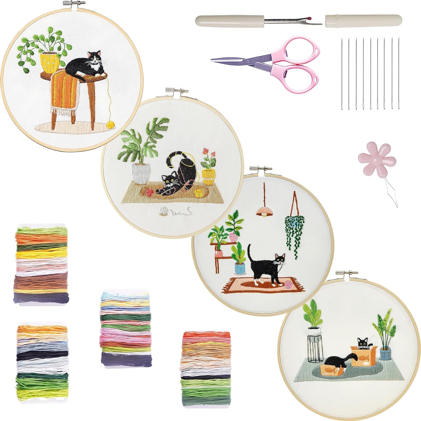 Bonroy 4 Sets Embroidery Kit for Beginners,Embroidery Kit for Art Craft Handy Sewing Include Embroidery Clothes with Pattern,Embroidery Hoops, Instructions,Color Threads Needle Kit (Multi 5)