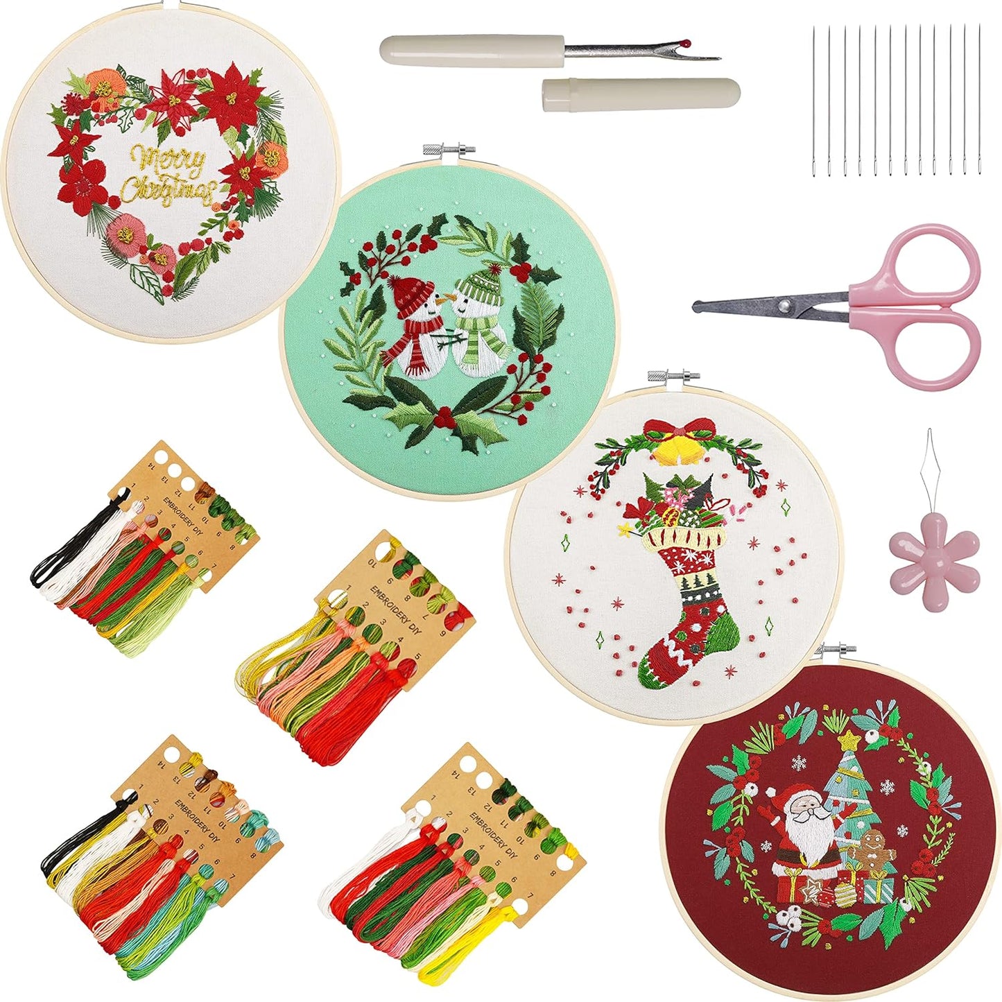 Bonroy 4 Sets Embroidery Kit for Beginners,Embroidery Kit for Art Craft Handy Sewing Include Embroidery Clothes with Pattern,Embroidery Hoops, Instructions,Color Threads Needle Kit (Multi 5)