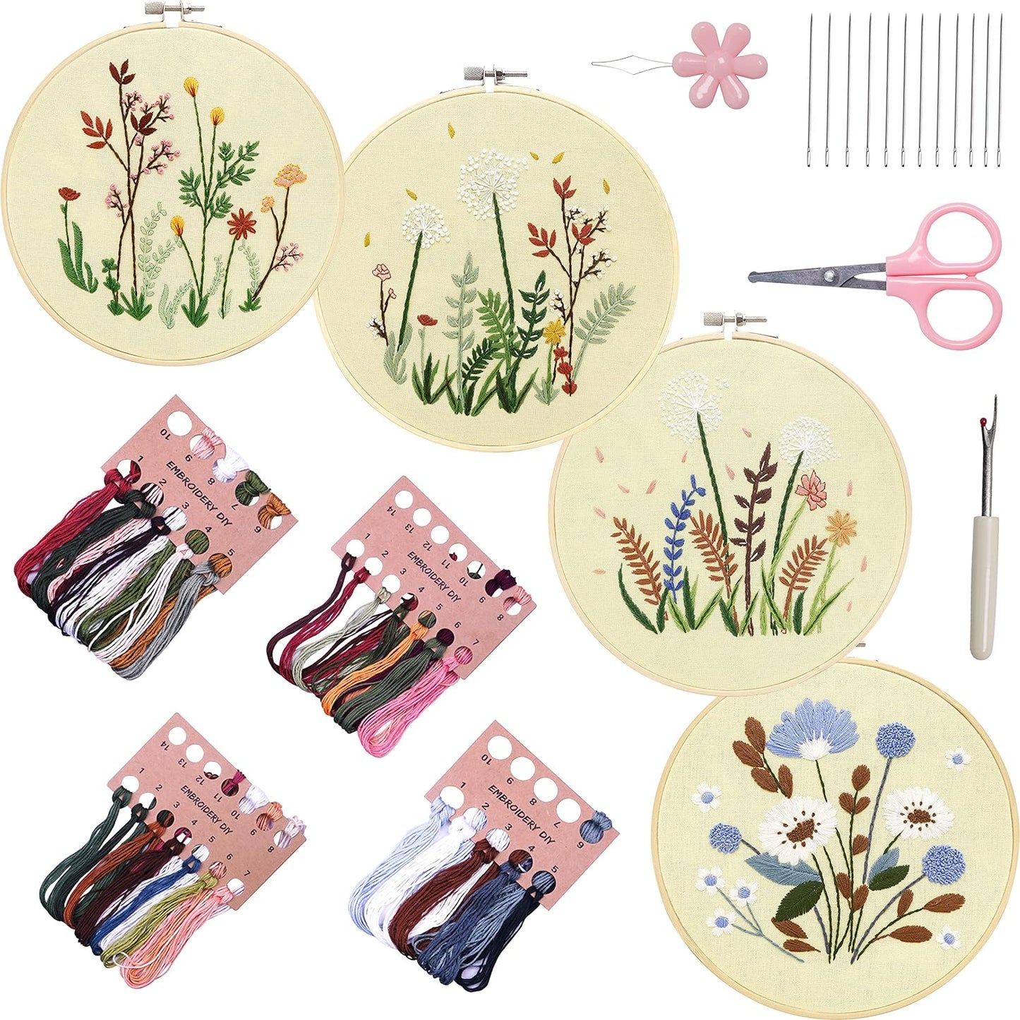 Bonroy 4 Sets Embroidery Kit for Beginners,Embroidery Kit for Art Craft Handy Sewing Include Embroidery Clothes with Pattern,Embroidery Hoops, Instructions,Color Threads Needle Kit (Multi 5)