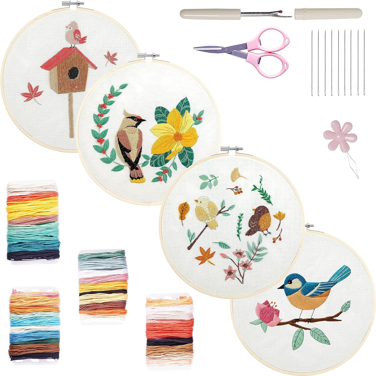 Bonroy 4 Sets Embroidery Kit for Beginners,Embroidery Kit for Art Craft Handy Sewing Include Embroidery Clothes with Pattern,Embroidery Hoops, Instructions,Color Threads Needle Kit (Multi 5)