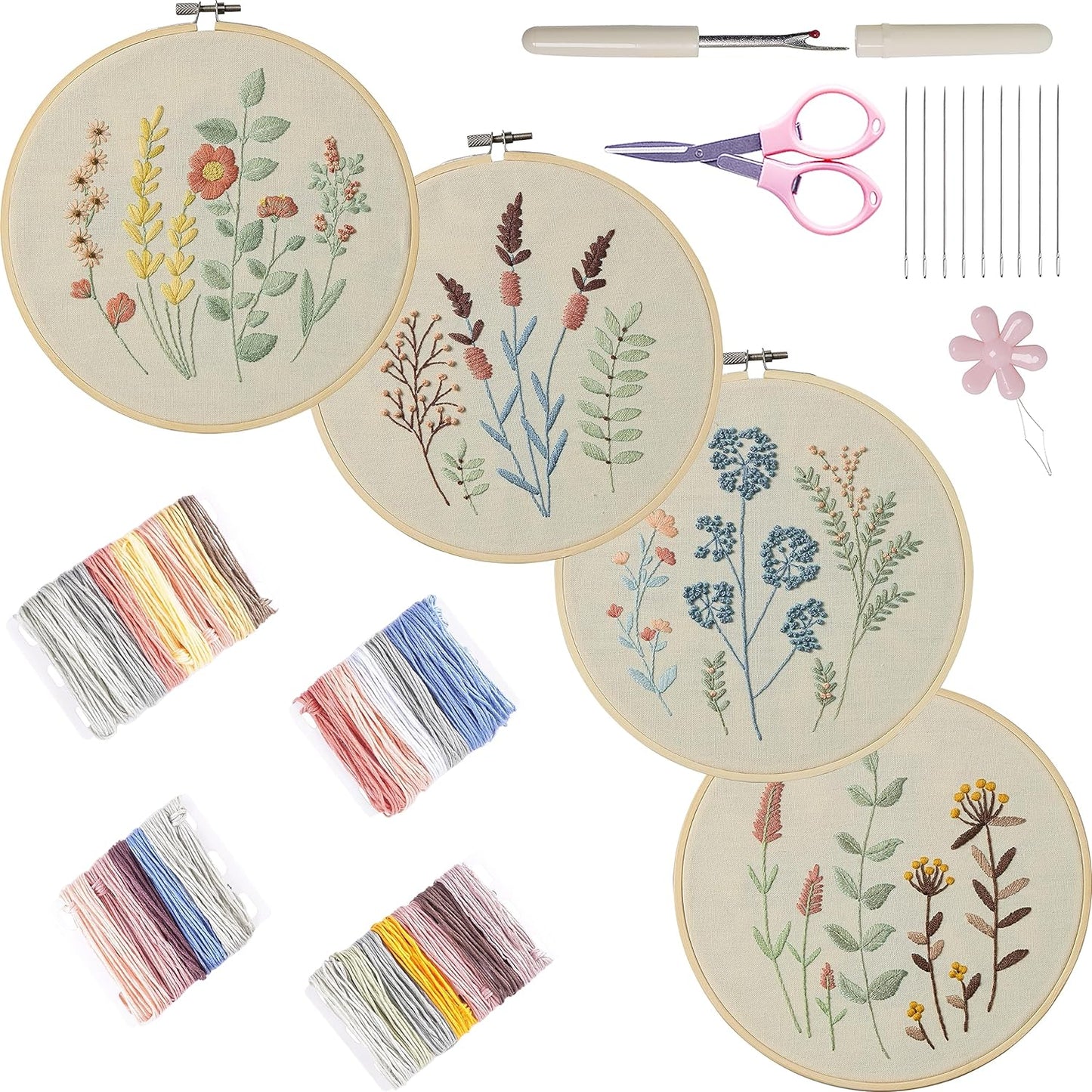 Bonroy 4 Sets Embroidery Kit for Beginners,Embroidery Kit for Art Craft Handy Sewing Include Embroidery Clothes with Pattern,Embroidery Hoops, Instructions,Color Threads Needle Kit (Multi 5)