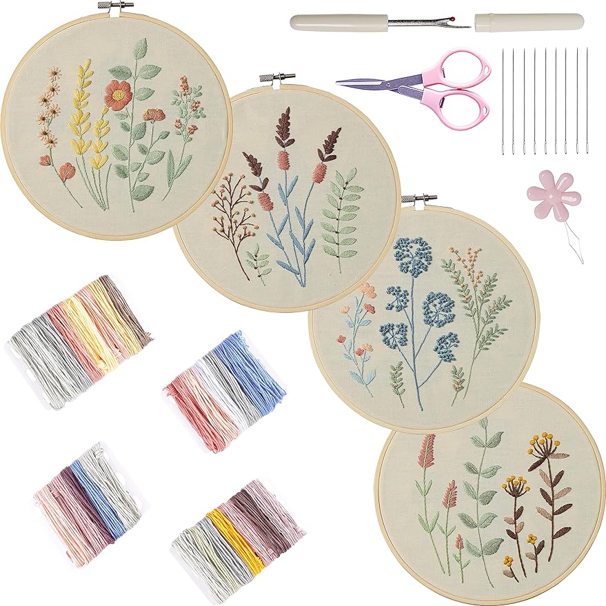 Bonroy 4 Sets Embroidery Kit for Beginners,Embroidery Kit for Art Craft Handy Sewing Include Embroidery Clothes with Pattern,Embroidery Hoops, Instructions,Color Threads Needle Kit (Multi 5)