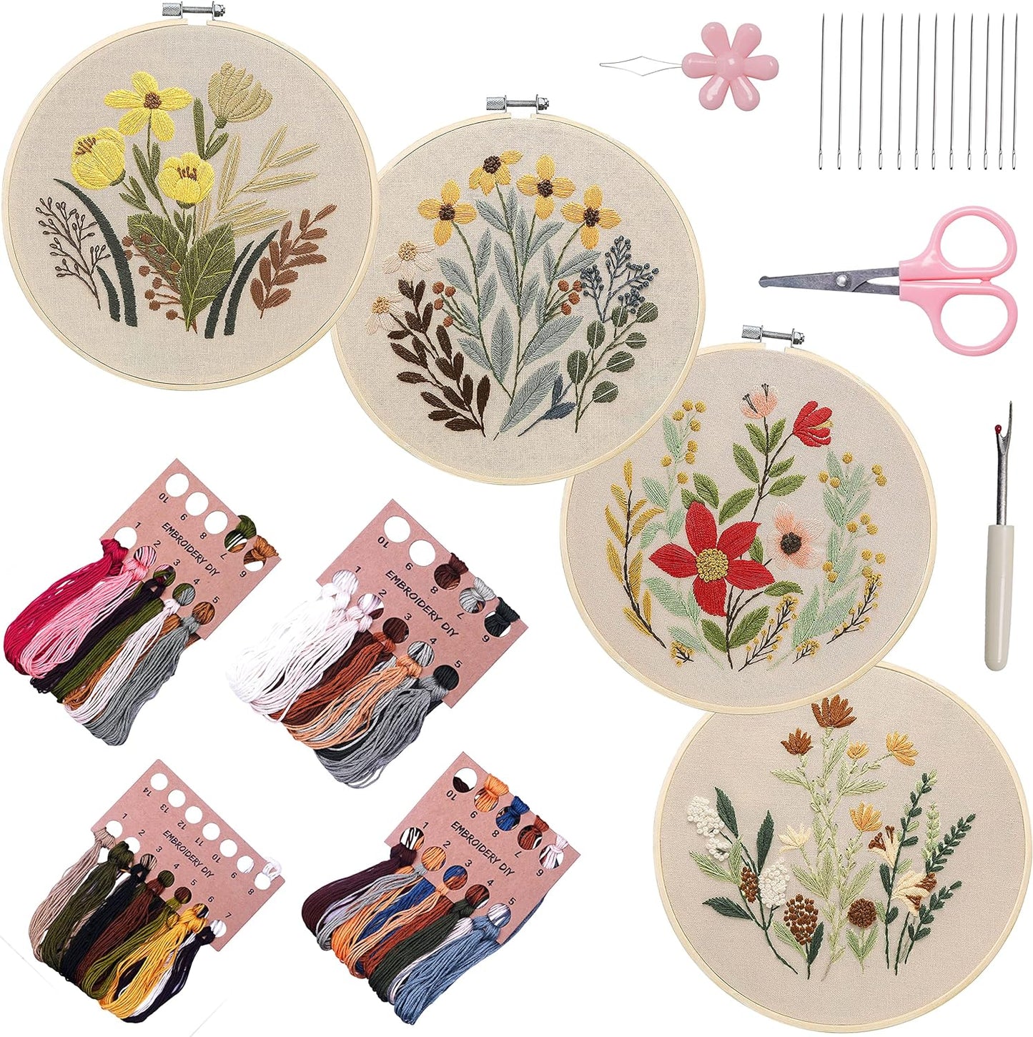 Bonroy 4 Sets Embroidery Kit for Beginners,Embroidery Kit for Art Craft Handy Sewing Include Embroidery Clothes with Pattern,Embroidery Hoops, Instructions,Color Threads Needle Kit (Multi 5)