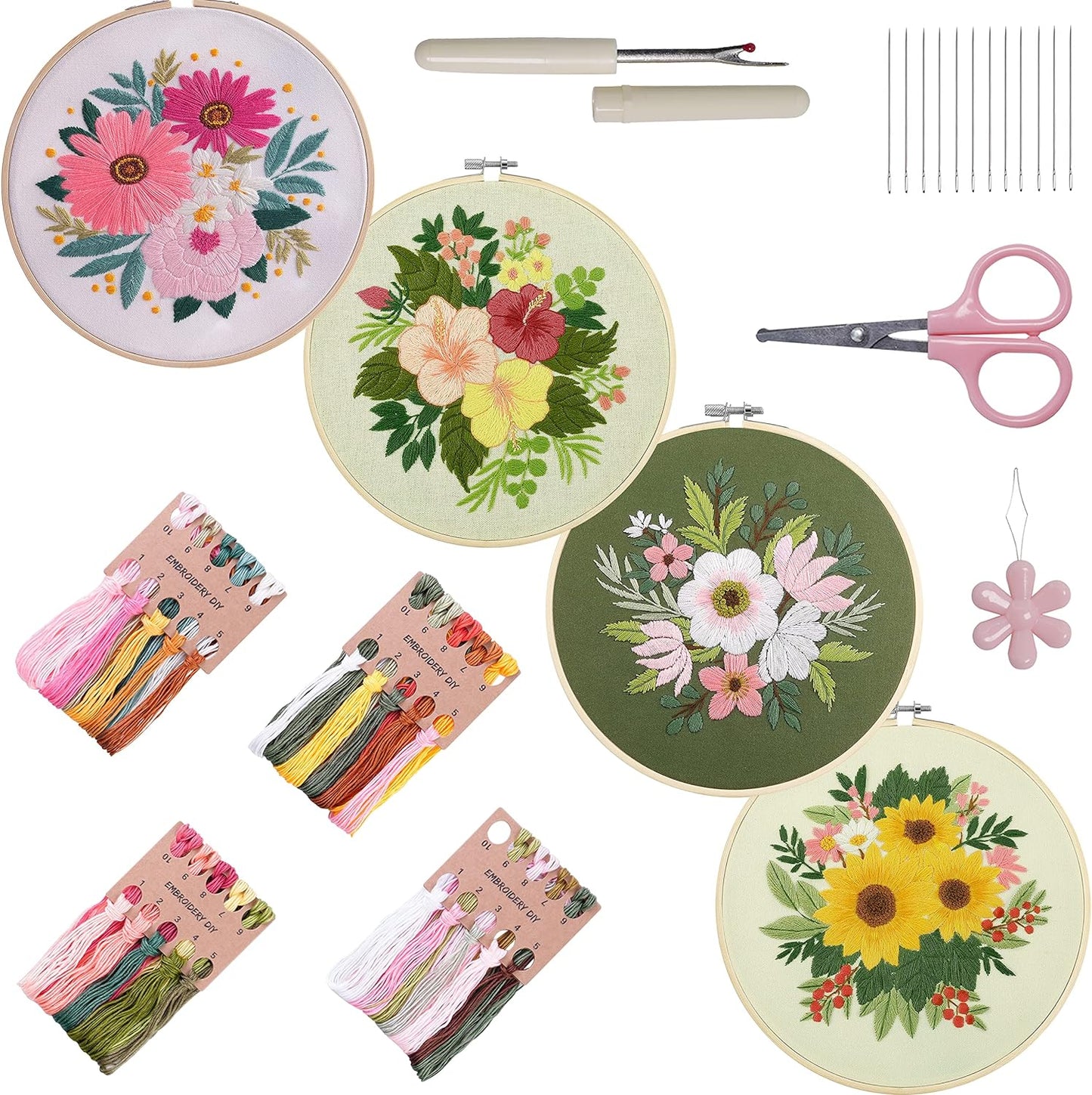 Bonroy 4 Sets Embroidery Kit for Beginners,Embroidery Kit for Art Craft Handy Sewing Include Embroidery Clothes with Pattern,Embroidery Hoops, Instructions,Color Threads Needle Kit (Multi 5)