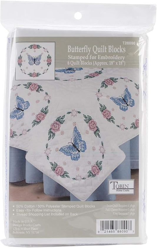 Tobin Butterfly/Rose Stamped for Embroidery Quilt Blocks, White
