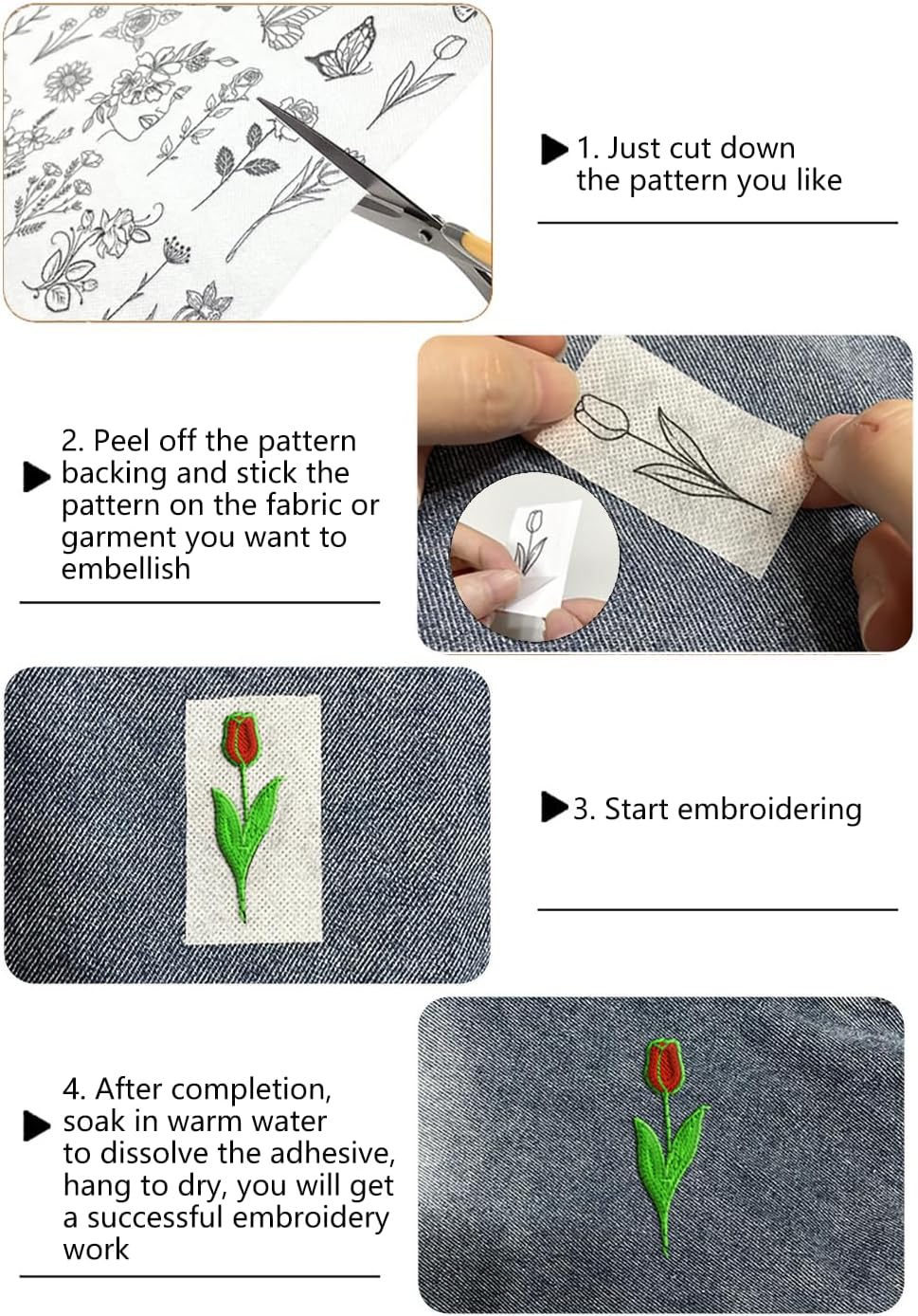 72 PCS Hand Sewing stabilizers wash Away, self Adhesive Water Soluble Embroidery Patterns stabilizer Sticker Paper for Embroidery Hand Sewing Lover