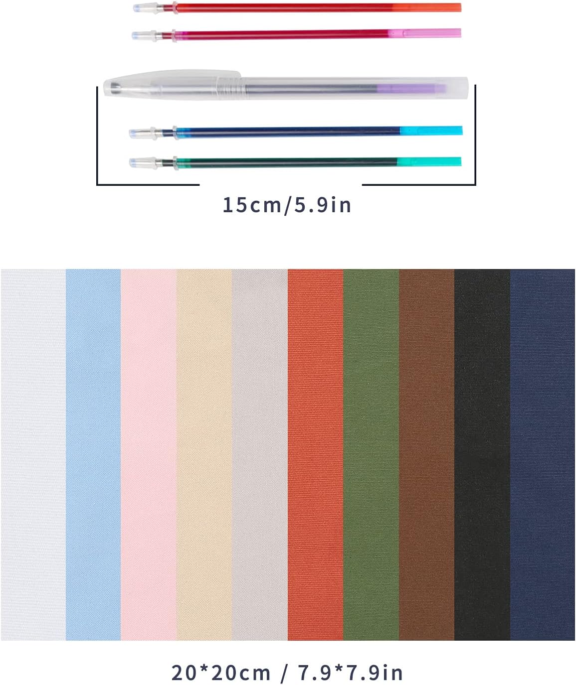 Caydo 10 Pieces Embroidery Fabric, Including 10 Colors Embroidery Cotton Fabric, 5 Colors Water-Soluble Pens, 7.9 by 7.9 Inch