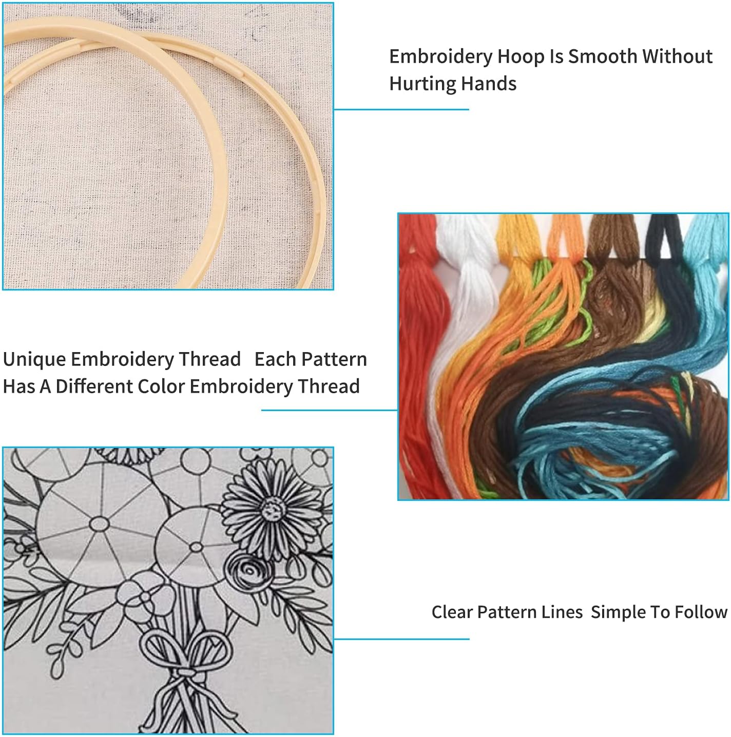 Nuberlic 3 Sets Embroidery Kit Cross Stitch Kits for Adults Include 3 Embroidery Cloth with Floral Pattern, 3 Embroidery Hoops, Threads and Needles