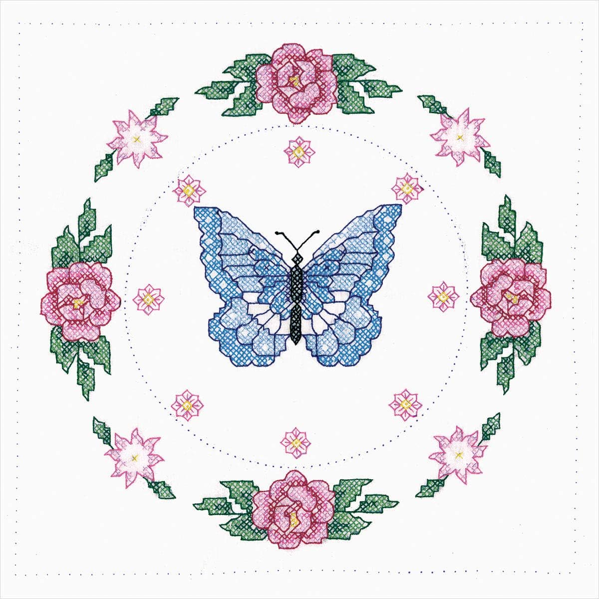 Tobin Butterfly/Rose Stamped for Embroidery Quilt Blocks, White