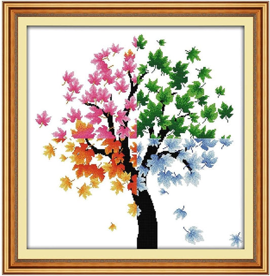 ITSTITCH Counted Cross Stitch Kits for Adults 21x21 inch Holiday Gift Easy Cross-Stitching NO Pattern for Home Decor, 14CT White Fabric Embroidery Crafts Needlepoint Kit Four Season of Life