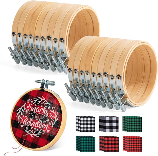 Fasdu 18 Pieces 3 Inch Embroidery Hoops and 18 Pieces Squares Plaid Fabric for Christmas Decorations, 36 Pieces Christmas Ornament Kit