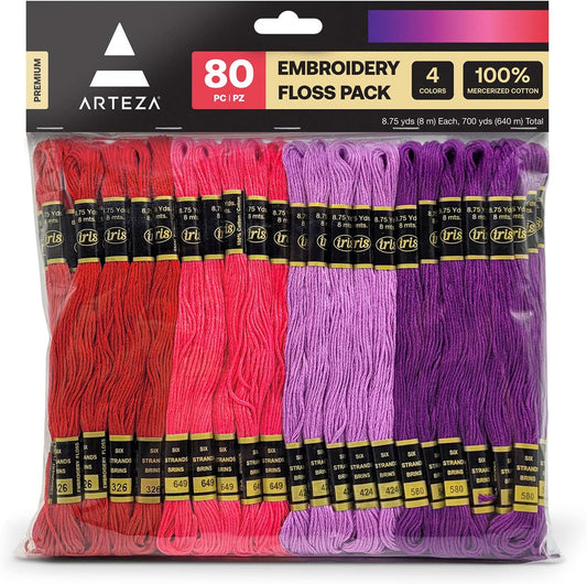 Arteza Embroidery Thread Pack 鈥?80 Skeins of Embroidery Floss, 20 Each of Red, Pink, Purple & Violet 鈥?100% Mercerized Cotton Friendship Bracelet String 鈥?Cross Stitch Supplies, 700 Yards per Pack
