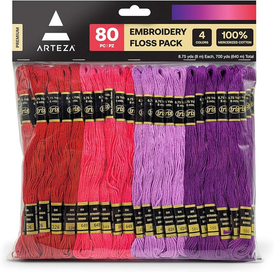Arteza Embroidery Thread Pack 鈥?80 Skeins of Embroidery Floss, 20 Each of Red, Pink, Purple & Violet 鈥?100% Mercerized Cotton Friendship Bracelet String 鈥?Cross Stitch Supplies, 700 Yards per Pack