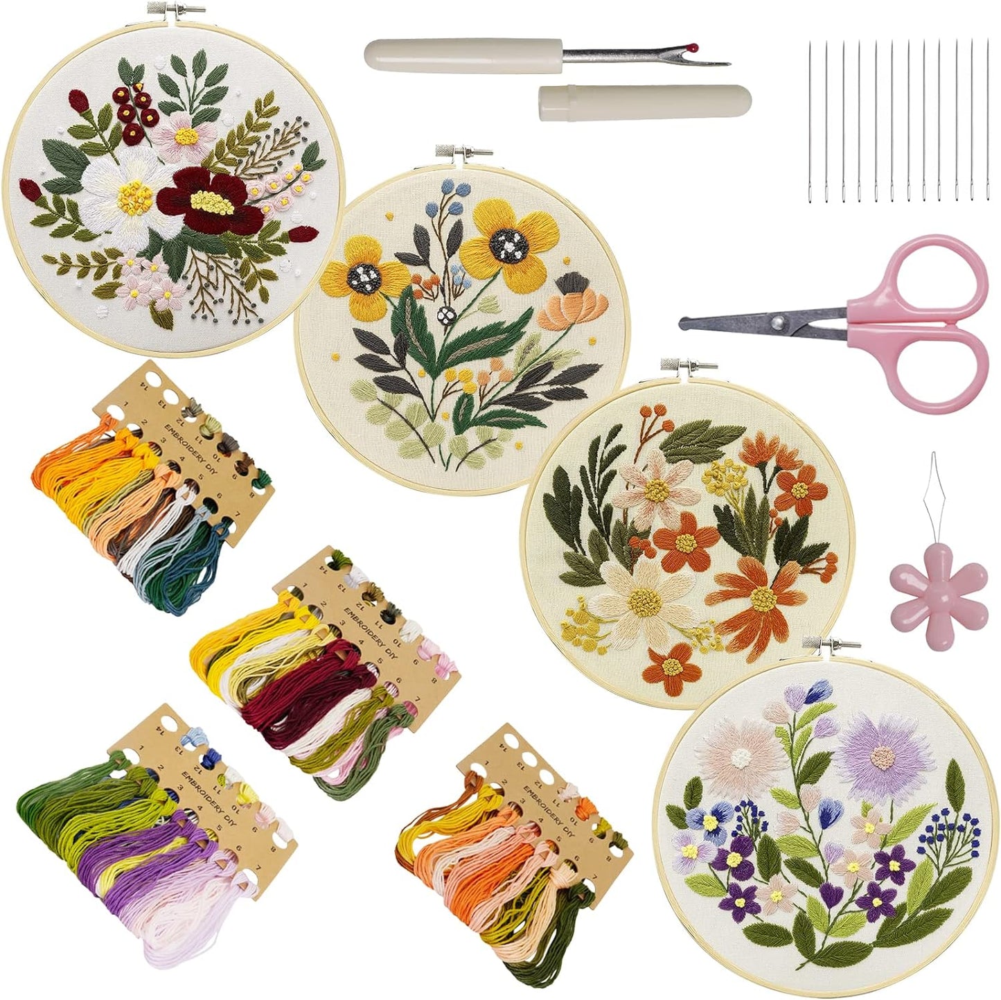 Bonroy 4 Sets Embroidery Kit for Beginners,Embroidery Kit for Art Craft Handy Sewing Include Embroidery Clothes with Pattern,Embroidery Hoops, Instructions,Color Threads Needle Kit (Multi 5)