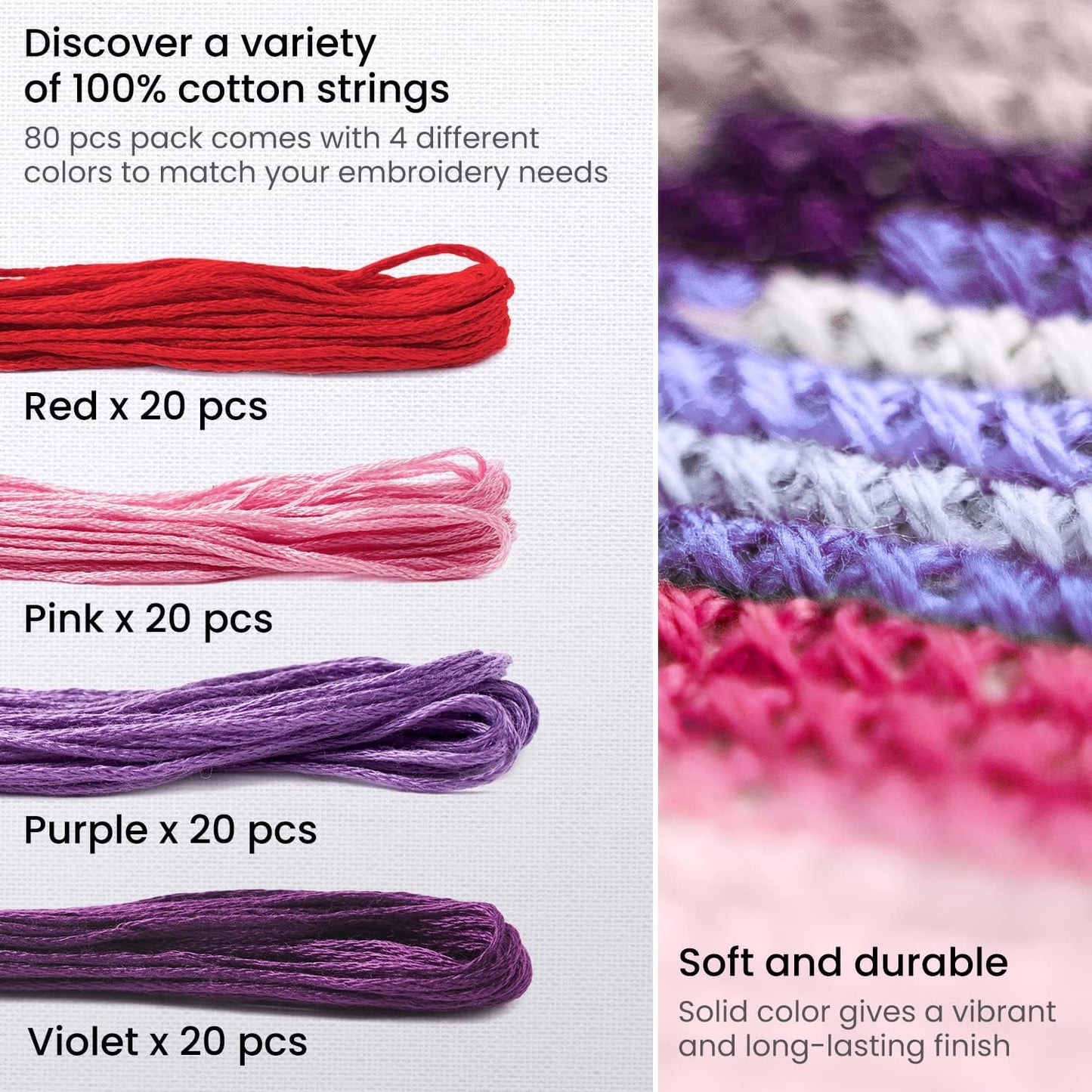 Arteza Embroidery Thread Pack 鈥?80 Skeins of Embroidery Floss, 20 Each of Red, Pink, Purple & Violet 鈥?100% Mercerized Cotton Friendship Bracelet String 鈥?Cross Stitch Supplies, 700 Yards per Pack