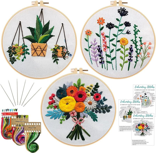 Nuberlic 3 Sets Embroidery Kit Cross Stitch Kits for Adults Include 3 Embroidery Cloth with Floral Pattern, 3 Embroidery Hoops, Threads and Needles