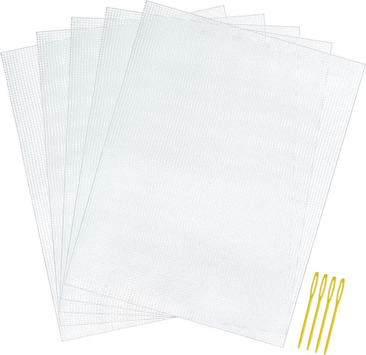 Pllieay 5 Pieces 7 Count Plastic Mesh Canvas Sheets for Embroidery, Acrylic Yarn Crafting, Knit and Crochet Projects (10.2 x 13.2 inch, Come with 4 Pieces Weaving Needles)