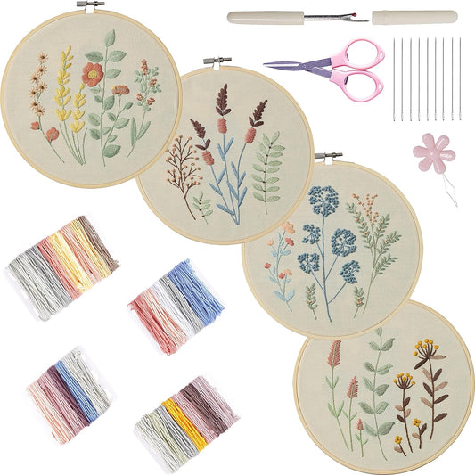 Bonroy 4 Sets Embroidery Kit for Beginners,Embroidery Kit for Art Craft Handy Sewing Include Embroidery Clothes with Pattern,Embroidery Hoops, Instructions,Color Threads Needle Kit (Multi 5)